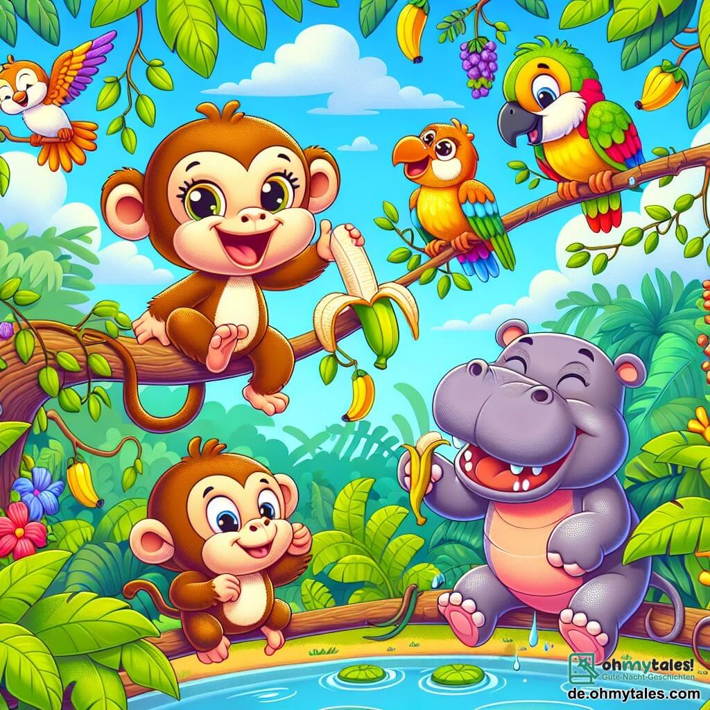 Bongo, der freche Affe, sitzt auf einem hohen Ast eines tropischen Baumes, mit einem breiten schelmischen Lächeln und funkelnden Augen vor Freude. Sein Fell ist hellbraun mit dunkleren Flecken, und er hält eine Banane in einer Hand, während er mit der anderen gestikuliert. Neben ihm sitzt Olga, das große rosa Nilpferd, in einem kleinen Teich und spritzt mit ihren Pfoten Wasser, während sie lacht. Lenny, der bunte Papagei mit grünen und roten Federn, fliegt um sie herum und ruft lustige Wörter, während Fred, das braunhaarige Faultier, an einem Ast hängt, im Schlafanzug, und die Szene mit einem schläfrigen Lächeln betrachtet. Die Umgebung ist ein üppiger Dschungel, gefüllt mit leuchtend grünem Laub, bunten Blumen und herabhängenden Lianen, unter einem hellblauen Himmel mit ein paar flauschigen Wolken. Die Hauptsituation zeigt Bongo, der seinen Freunden einen Wettkampf mit Bananen vorschlägt, während Olga und Lenny Spaß daran haben, sich verrückte Möglichkeiten auszudenken, sie zu stapeln, während Fred, immer ein wenig abseits, von Pfannkuchen träumt.