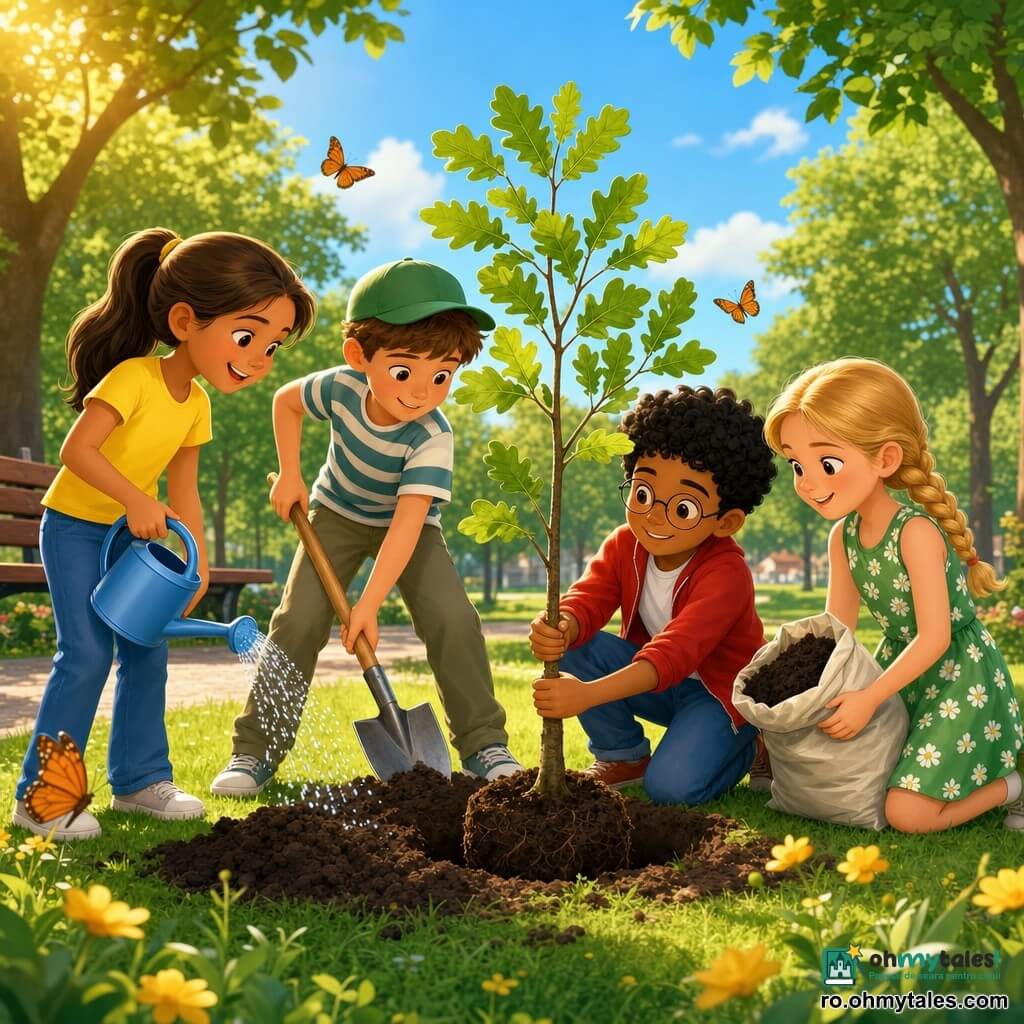 Sunt patru copii: Maria, fată ~10 ani, păr brun legat în coadă, tricou galben și jeanși, stânga, ține o stropitoare albastră și zâmbește spre puietul de stejar; Alex, băiat ~11 ani, păr scurt castaniu, șapcă verde, tricou în dungi, centru-stânga, sapă cu o lopățică metalică, concentrat; Andrei, băiat ~10 ani, păr creț negru, ochelari rotunzi, geacă roșie, centru-dreapta, îngenuncheat, ține trunchiul puietului pentru stabilizare; Ioana, fată ~9 ani, păr blond împletit, rochie verde cu flori, dreapta, ține un sac cu pământ și privește afecțios frunzele. Locul: parc de cartier însorit, iarbă, alee pietruită și băncuță din lemn în spate, câțiva copaci maturi, cer albastru cu nori pufoși, flori sălbatice galbene și fluturi portocalii. Situația: copiii plantează împreună un puiet de stejar — rădăcina cu motă vizibilă, groapă mică, pământ proaspăt întors, stropi de apă pe frunze, expresii de bucurie și cooperare, lumină aurie filtrată printre copaci.