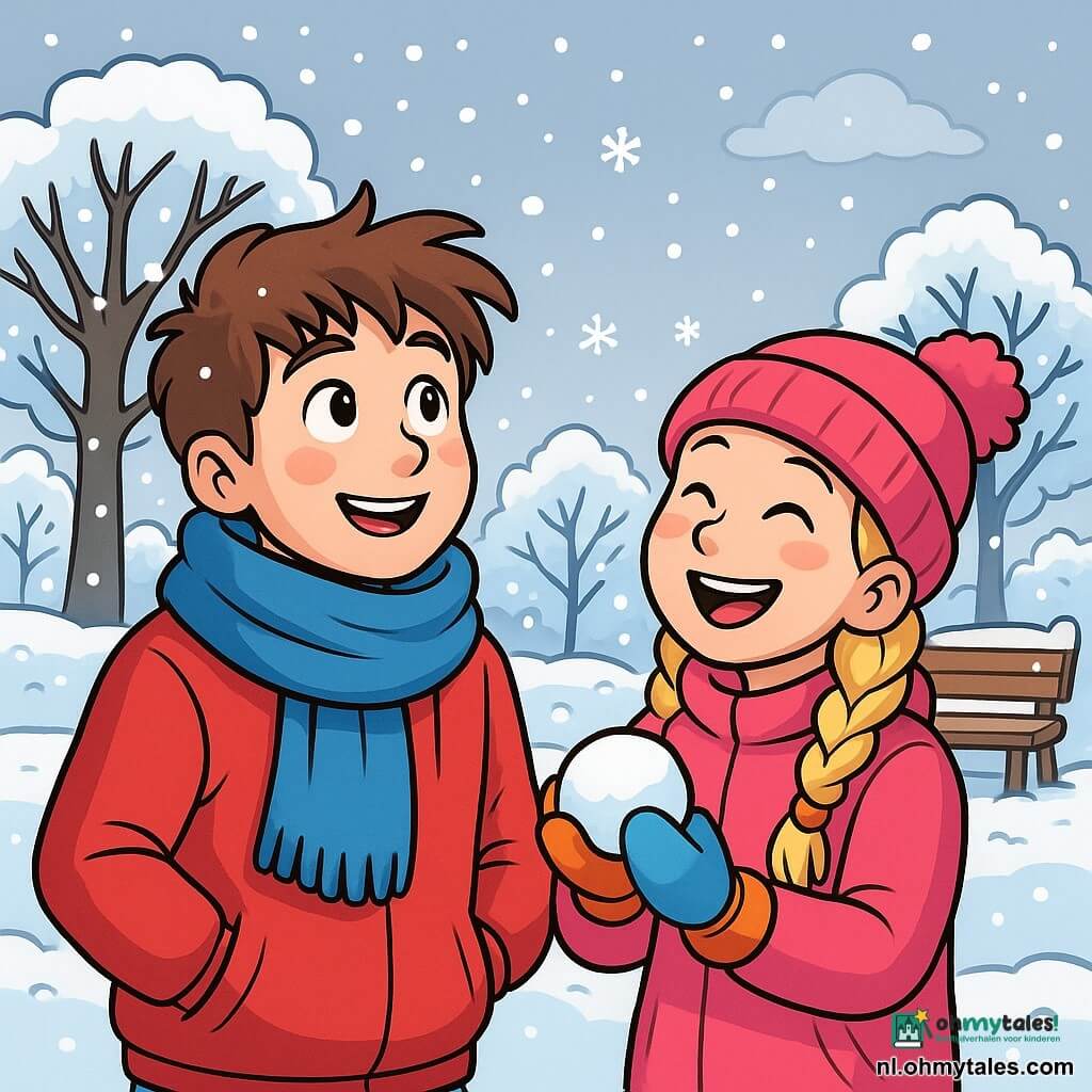 Een 12-jarig jongen, Jelle, met rommelig kastanjebruin haar en door de kou roze wangen, draagt een grote blauwe sjaal en een dikke rode jas. Hij kijkt verwonderd naar de sneeuwvlokken die zachtjes om hem heen vallen, terwijl een blije glimlach zijn gezicht verlicht. Naast hem staat een 11-jarig meisje, Sara, met gevlochten blond haar en een pomponmuts, die lacht terwijl ze een sneeuwbal gooit. Ze draagt een felroze jas en kleurrijke handschoenen, wat een vrolijke toets aan de scène toevoegt. De achtergrond is een winterpark met met sneeuw bedekte bomen, houten banken versierd met sneeuwvlokken en een lichtgrijze lucht waar de wolken zachtjes drijven. Jelle en Sara spelen samen in de sneeuw, omringd door dansende vlokken in de lucht, wat een sfeer van vreugde en vriendschap creëert in het hart van de winter.