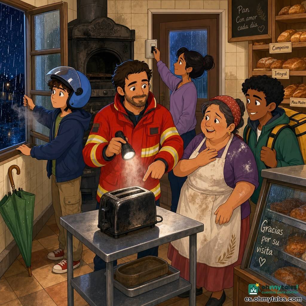 Un hombre llamado Martín, de barba de unos días y expresión tranquila, con chaqueta roja de bombero señala un viejo tostador negro que echa humo mientras ilumina la sala; Hugo, un chico de ~16 años con casco algo grande, abre una ventana para ventilar; Luz, mujer de ~30 años con el pelo recogido, tira de un interruptor junto a la puerta trasera para cortar la electricidad; la señora Rosa, panadera de ~55 años con delantal y un pequeño paraguas verde en la entrada, muestra alivio; Amir, repartidor de ~25 años con mochila, está listo para ayudar junto a la cristalera empañada; todo ocurre de noche en una pequeña panadería cálida de paredes con azulejos crema, estantes de madera con panes, un gran horno de hierro ennegrecido, ventana con gotas de lluvia y migas en el suelo, y una fina humareda gris elevándose del tostador mientras el grupo actúa en equipo para ventilar y cortar la corriente.