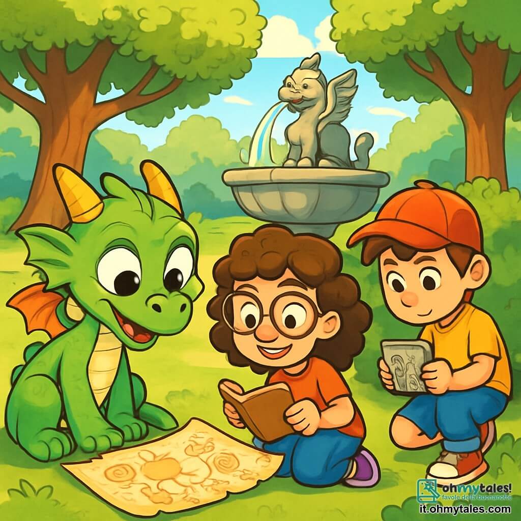 Leo, un piccolo drago dalle squame verdi brillanti, con grandi occhi curiosi e un'espressione di eccitazione, si china verso una fontana antica in pietra, con la testa inclinata e la coda avvolta attorno alle gambe. Accanto a lui c'è Sara, una bambina dai capelli ricci e occhiali tondi, con un sorriso malizioso e un quaderno in mano, che osserva attentamente il vecchio pergamena che hanno appena trovato. Max, un ragazzo dai capelli castani e con un cappellino rosso, con un'espressione concentrata, esamina una piccola pietra decorata con simboli misteriosi, accucciato vicino ai cespugli dietro la fontana. Il luogo è un parco verdeggiante, con alberi maestosi dalle foglie brillanti, un prato ben curato e una fontana in pietra al centro, decorata con sculture di animali fantastici. La scena principale mostra Leo e i suoi amici che scoprono un antico indizio su un tesoro nascosto, circondati da un'atmosfera di avventura e mistero, con i raggi di sole che filtrano tra i rami degli alberi.