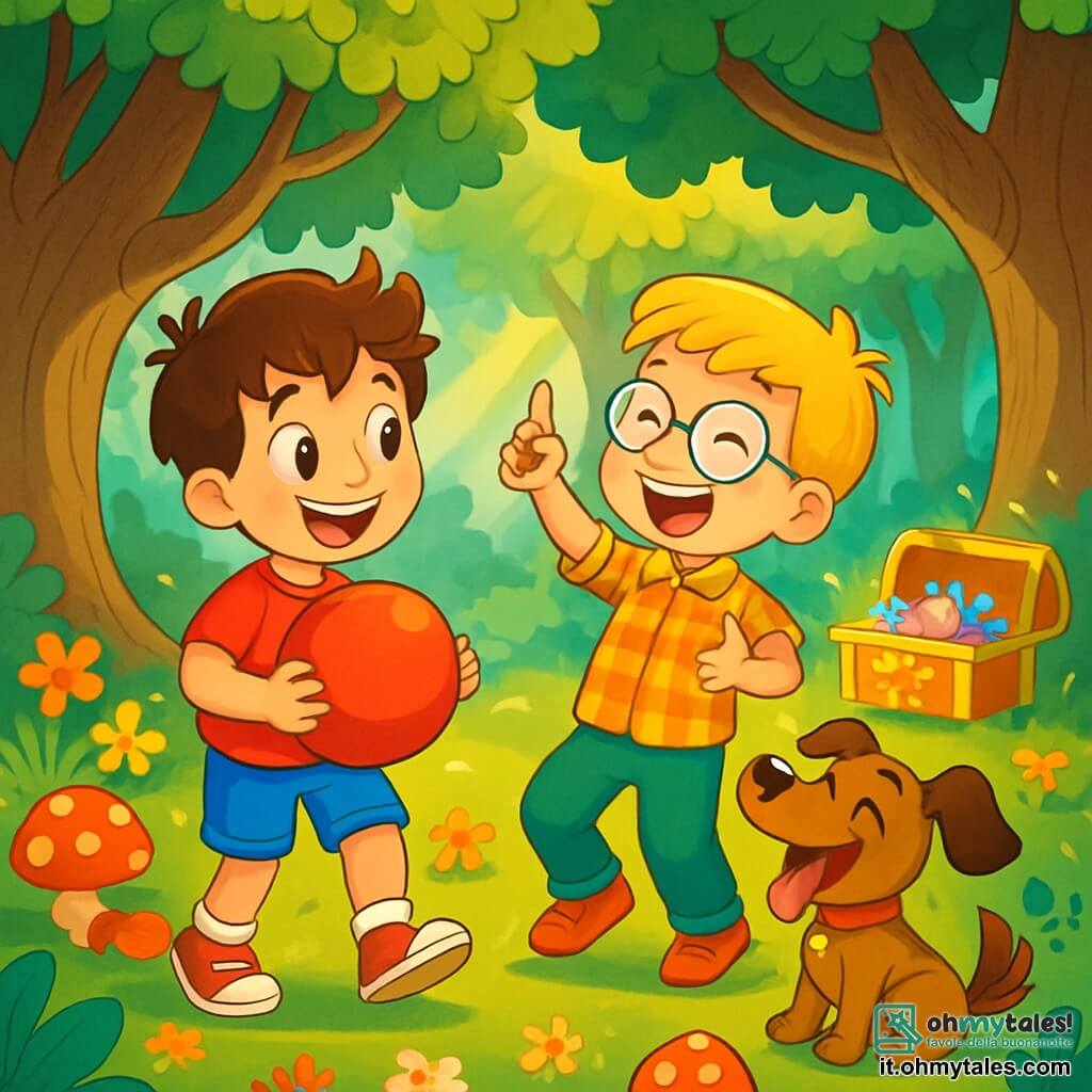 Ci sono 3 personaggi: Marco, un ragazzo di 7 anni con capelli castani disordinati e occhi curiosi, indossa una maglietta rossa e pantaloni blu, tiene in mano una grande palla rossa e sorride. Luca, un ragazzo di 7 anni con capelli biondi e occhiali rotondi, indossa una camicia a quadri e pantaloni verdi, ride accanto a Marco e punta verso il cielo come se avesse avuto un'idea brillante. Poldo, un piccolo cane marrone con grandi orecchie, è seduto sulle zampe posteriori, ride con un'espressione gioiosa, pronto per una nuova avventura. La scena si svolge in una foresta incantata con alberi alti e tronchi nodosi, raggi di sole illuminano il terreno coperto di fiori colorati e funghi danzanti. Marco, Luca e Poldo ridono insieme prima di scoprire un grande scrigno decorato con caramelle scintillanti. L'atmosfera è piena di gioia e magia, pronta a rivelare sorprese dolci.
