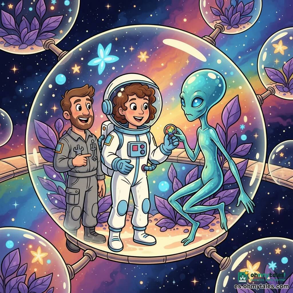 Luna, mujer adulta astronauta sonriente, con traje espacial blanco y detalles azul cielo y cabello corto rizado bajo casco translúcido, extiende la mano para recibir un pequeño distintivo colorido; Max, ingeniero de unos 35 años, de rostro barbado y trato amable, con mono gris y herramientas, está junto a la lanzadera sonriendo y señalando el cielo estrellado; Kai, criatura alienígena esbelta de piel iridiscente azul verdosa y ojos luminosos, ofrece el distintivo desde una plataforma flotante con gestos fluidos; el escenario es un hábitat burbuja gigante en una nebulosa arcoíris con burbujas translúcidas, pasarelas metálicas curvas, plantas violetas luminiscentes y mariposas estelares brillantes; momento central: las manos que se encuentran, intercambios amistosos, luces coloridas centelleantes y atmósfera cálida y mágica; estilo gráfico: trazos gruesos, siluetas tipo rubber hose, colores saturados y contrastados, texturas lisas y reflejos brillantes.