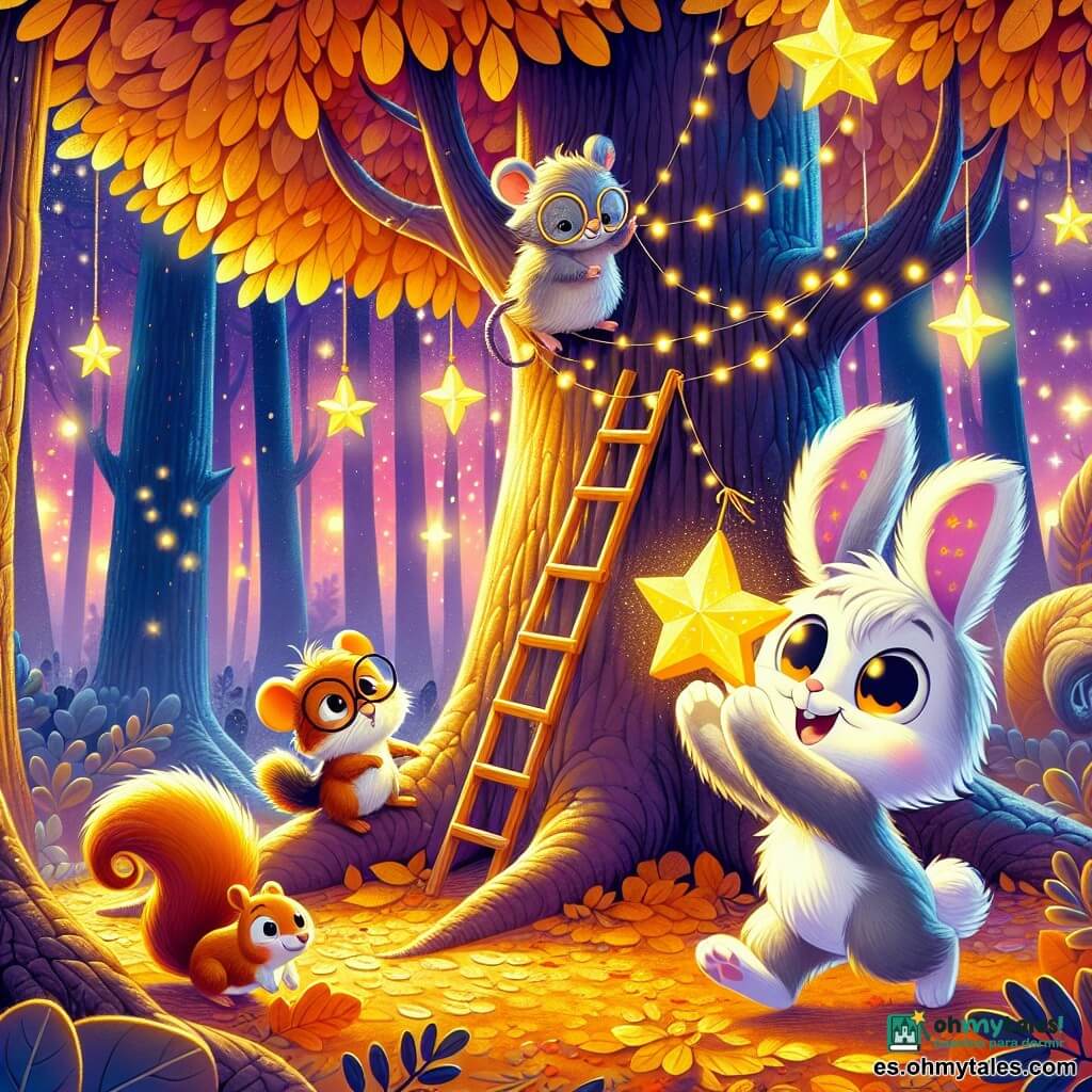 Un pequeño conejo blanco llamado Pepito, con una adorable mancha en forma de estrella en la oreja, salta de alegría bajo un gran árbol. Sus ojos brillan de emoción y su sonrisa es radiante mientras sostiene una estrella brillante en sus pequeñas patas. A su lado, un pequeño ratón, Tino, con gafas redondas y pelaje gris, mira con admiración. Parece decidido, sosteniendo firmemente una escalera de madera. Más arriba en el árbol, una ardiente ardilla, Lola, con una cola esponjosa y ojos chispeantes, trepa rápidamente, lista para colgar la estrella. El lugar es un hermoso bosque encantado, bañado por la luz de la luna, con hojas doradas y sombras danzantes. Estrellas brillantes titilan en el cielo nocturno, añadiendo un toque mágico a la escena. La situación principal muestra a Pepito, Tino y Lola unidos en su alegre misión: colgar una estrella brillante en la cima del árbol, celebrando el espíritu de Halloween con entusiasmo y camaradería.