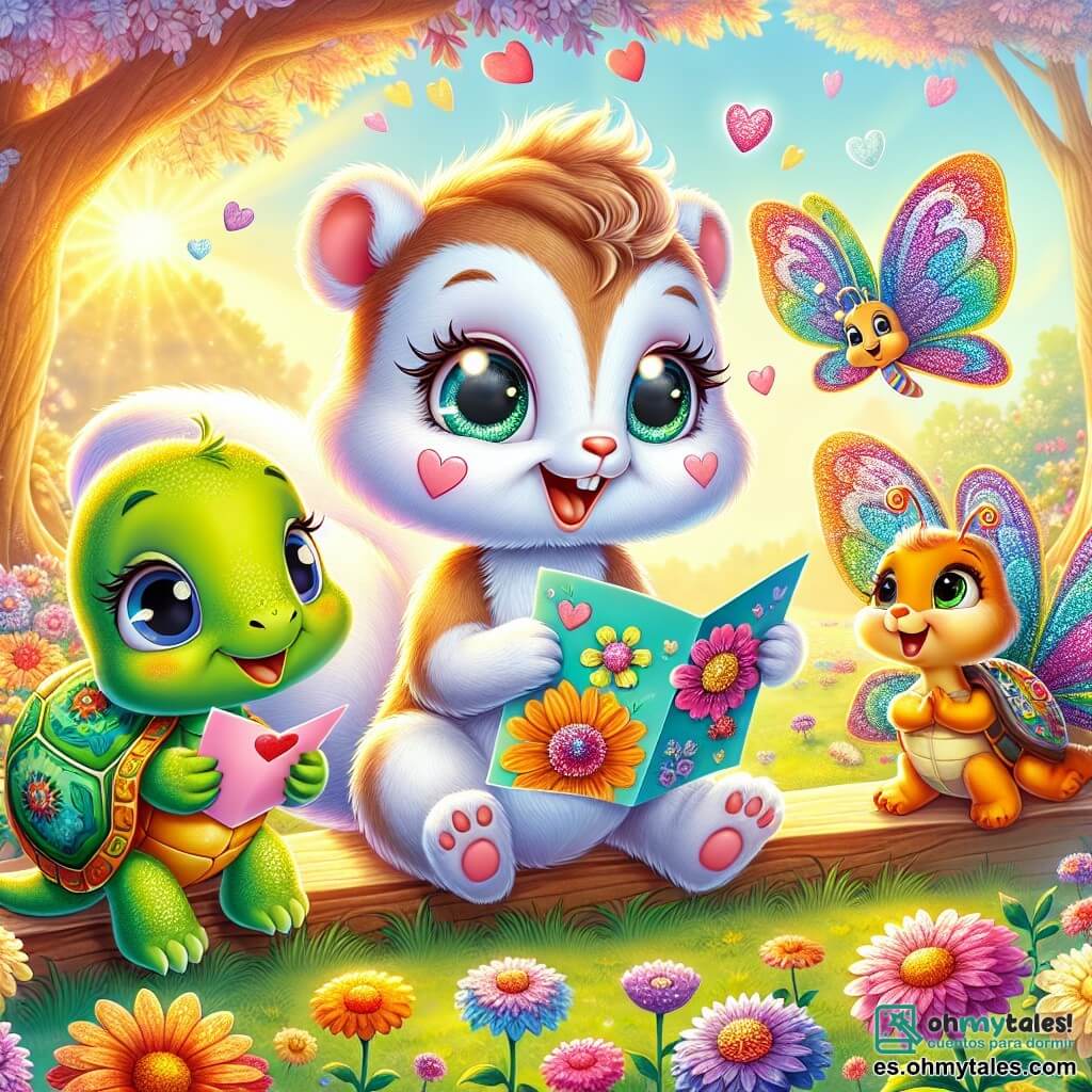 Una adorable ardilla llamada Lía, con un pelaje suave como el algodón y grandes ojos brillantes de alegría, está en el centro de la imagen, sosteniendo una carta colorida en sus pequeñas patas, con una amplia sonrisa iluminando su rostro. A su derecha, una tortuga llamada Tula, con un caparazón verde adornado con motivos florales, lee una carta con ojos desorbitados de sorpresa y felicidad, sentada en un banco de madera. A la izquierda, una elegante mariposa llamada Bella, con alas multicolores brillantes, vuela alegremente, sosteniendo un ramo de flores vibrantes, su rostro radiante de emoción. El decorado es un parque soleado, lleno de flores vibrantes de todos los colores, con majestuosos árboles cuyas hojas bailan al viento. Al fondo, rayos de sol filtran a través de las ramas, creando una atmósfera cálida y festiva. La escena representa el momento mágico en que Lía, la mensajera del corazón, reúne a sus amigos para celebrar el Día de San Valentín, llenando el aire de risas y felicidad.