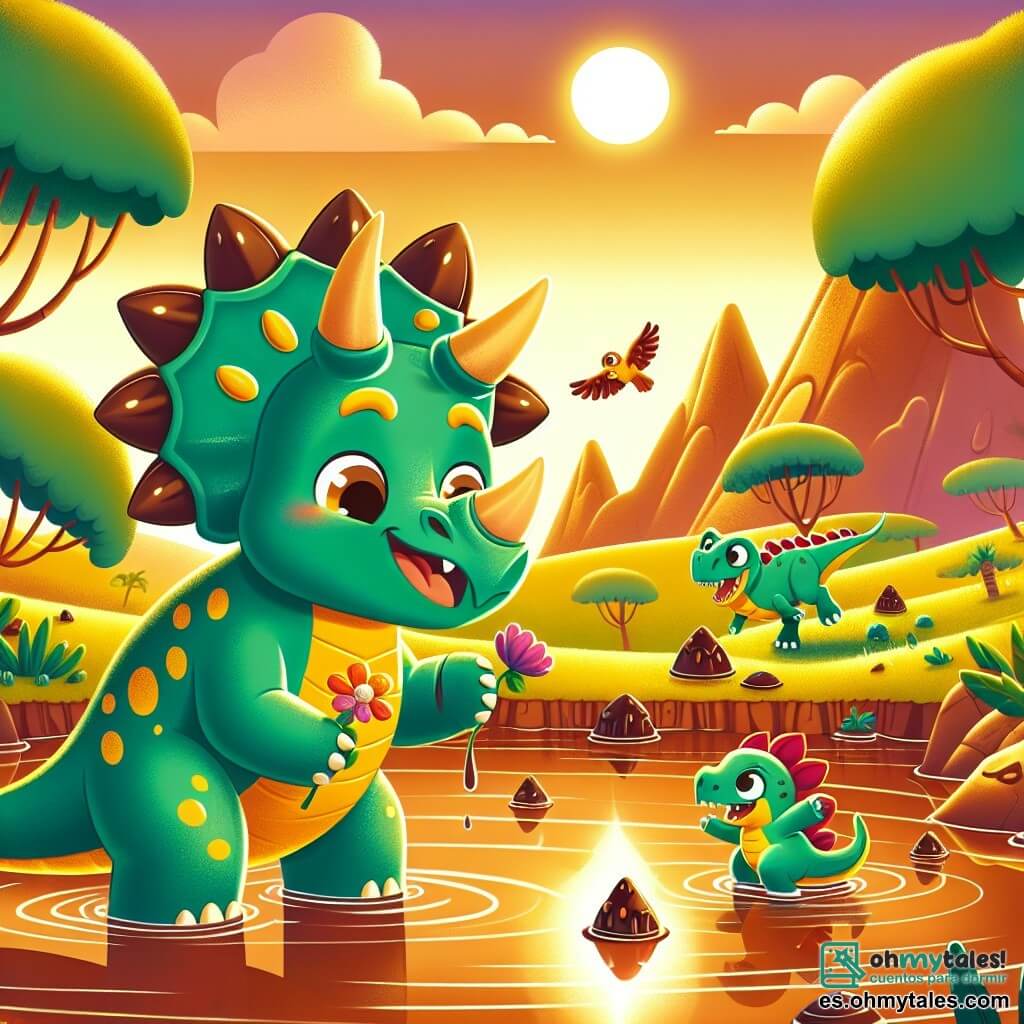 Un triceratops llamado Tino, con piel verde brillante y manchas amarillas, se encuentra alegremente al borde de un lago de chocolate, su expresión llena de asombro y felicidad. Sus majestuosos cuernos brillan bajo el sol, mientras sumerge una pata en el chocolate, listo para probar este delicioso descubrimiento. A su lado, Susi, un estegosaurio con espinas dorsales brillantes, sonríe sosteniendo una flor colorida, y Rayo, un velocirraptor ágil con plumas rojas, salta de alegría, sus ojos chispeantes de emoción. El paisaje es un verdadero paraíso: un lago de chocolate brillante, rodeado de árboles con frutas de gelatina, y montañas de pasteles al fondo, todo bañado en una luz dorada del sol poniente. La escena muestra a Tino y sus amigos disfrutando de su aventura en este mundo mágico, llenos de risas y dulzura.
