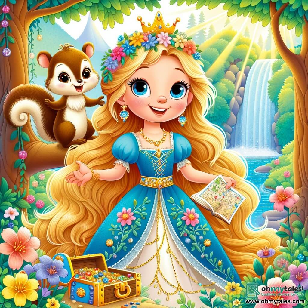 Princess Lily, a young girl about 10 years old, has long golden hair that shines like the sun and sparkling curious eyes. She wears a beautiful blue dress adorned with colorful flowers and joyfully smiles while holding a treasure map, ready for adventure. Beside her is Sammy, a mischievous little squirrel with brown fur and a playful look. He perches on the princess's shoulder, wagging his tail excitedly as if ready to join her quest. The setting is an enchanted forest with majestic trees, vibrant green leaves, colorful singing flowers, and a sparkling stream winding through the landscape. Sunlight filters through the branches, creating a magical and bright atmosphere. The main scene shows Princess Lily and Sammy discovering a shimmering treasure chest filled with gems and gold coins at the top of a mountain, surrounded by golden light symbolizing the magic and joy of their adventure.