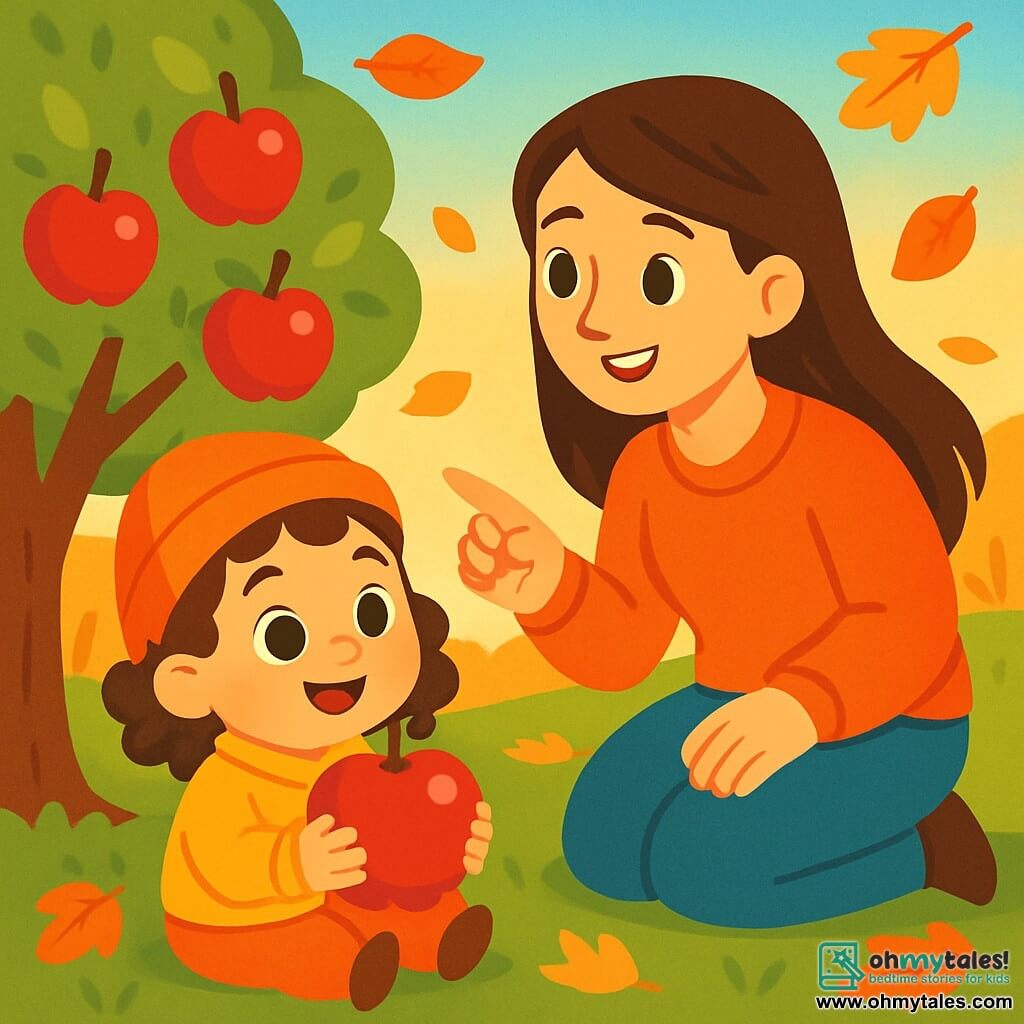 A 2-year-old girl with big bright eyes and curly hair smiles in wonder while holding a large red apple in her small hands. She wears a yellow jacket and an orange hat, sitting on the green grass of the garden. Next to her, her mother, a woman around 30 with long brown hair, smiles tenderly while pointing at a tree laden with shiny red apples. She is kneeling with her hands on her knees, looking at her daughter with love. The garden is filled with vibrant autumn leaves: red, orange, and yellow, gently falling from the trees. In the background, a light blue sky is tinged with golden hues, illuminated by the setting sun. The little girl and her mother share a joyful moment, enchanted by the beauty of the apples and the autumn leaves dancing in the wind.