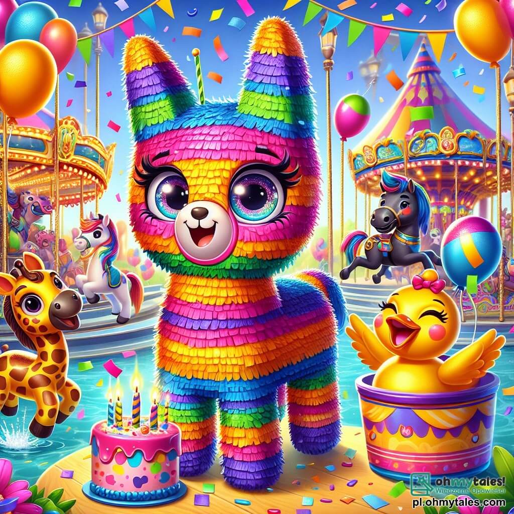 Kuleczka, mała, okrągła i kolorowa piñata z błyszczącymi oczami i dużym uśmiechem, skacze z radości w centrum obrazu, otoczona fruwającymi konfetti. Po jej prawej stronie balon w kształcie żyrafy z długą szyją i kolorowymi plamami szeroko się uśmiecha, trzymając mały tort urodzinowy z świeczkami. Po lewej stronie wesoły koń karuzeli z tęczową grzywą stoi na tylnych nogach, radośnie śpiewając, podczas gdy mała plastikowa kaczka z pomarańczowym dziobem i żółtymi piórami pluska wodę, śmiejąc się przy błyszczącej fontannie. Miejsce to tętniący życiem park rozrywki, pełen jaskrawych kolorów, z atrakcjami w tle, unoszącymi się balonami i kwiatami, które dodają festiwalowej atmosfery. Główna scena przedstawia Kuleczkę otoczoną przyjaciółmi, świętującą swoje urodziny, z wybuchami śmiechu i uśmiechami, gdy zamierza zdmuchnąć świeczki na torcie, tworząc magiczny i radosny moment.