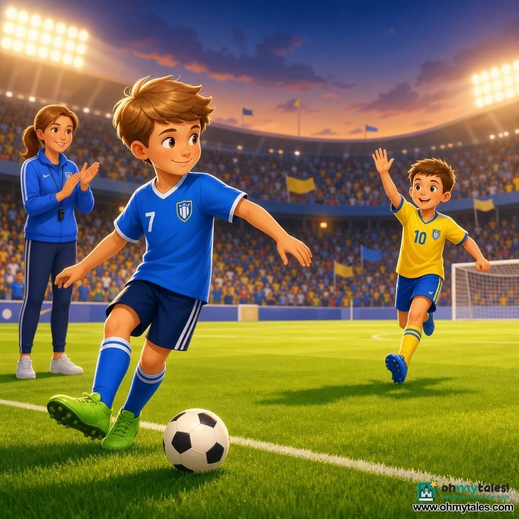 A confident 9-year-old boy in bright green boots and a blue jersey gently holds a black-and-white soccer ball at his feet, ready to pass to a similarly aged friend with short brown hair in a yellow jersey running to the right; a female coach with tied-back hair applauds from the sideline as warm floodlights illuminate the well-mown green pitch with crisp white lines and blurred stands, capturing the key moment of an evening fair-play team pass with saturated colors, soft shadows, and rounded forms.