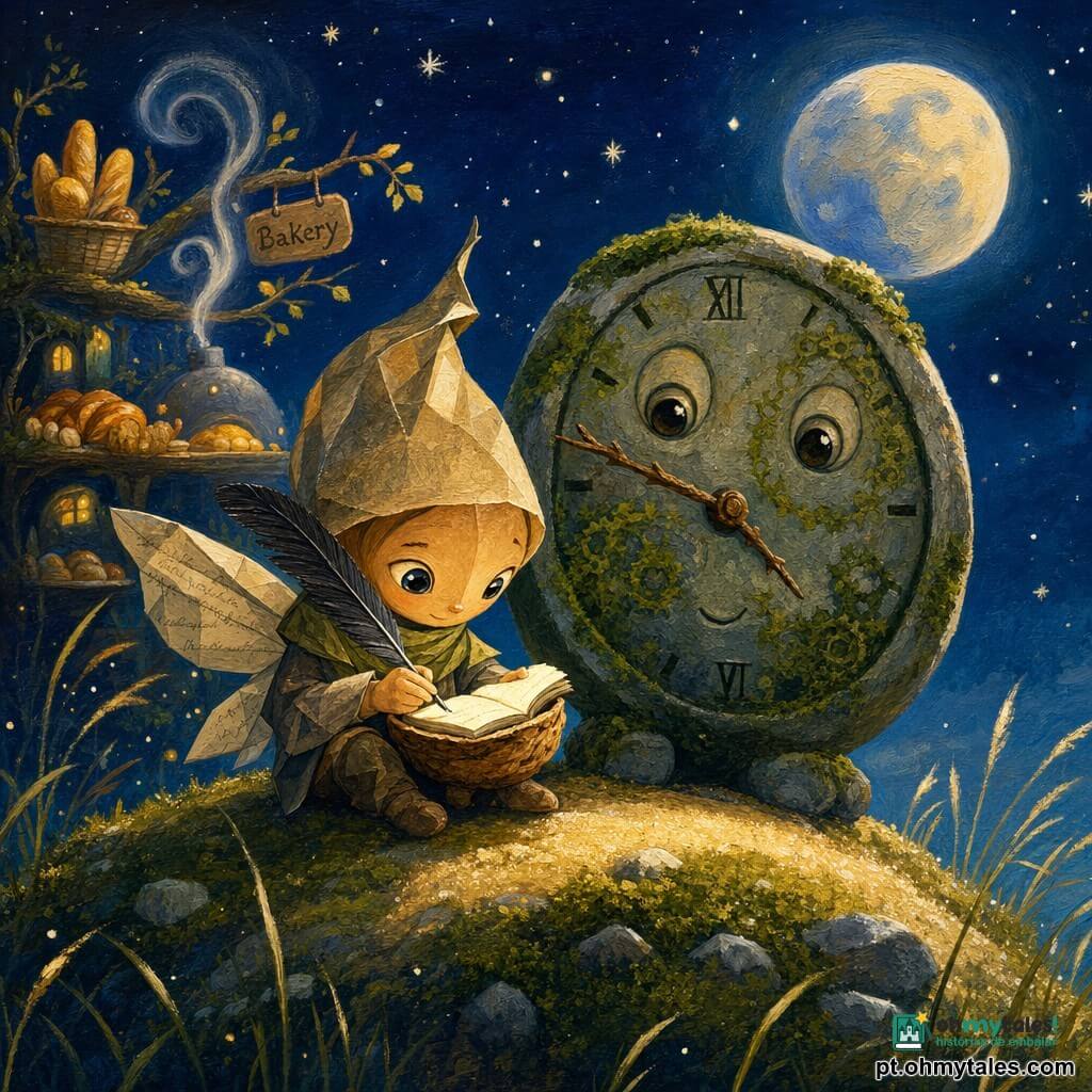 Um pequeno ser com asas de papel, rosto redondo como uma gota de chá, olhos brilhantes e expressão ao mesmo tempo determinada e terna, está sentado numa colina de areia brilhante sob um céu estrelado, escrevendo em um minúsculo caderno de casca de noz com uma pena de carvão; ao seu lado, o Velho Relógio de pedra, largo, arredondado e coberto de musgo, com olhos gravados e ponteiros de gravetos, observa-o com ar sereno e curioso, seus mecanismos sugeridos por padrões de musgo; ao fundo, uma padaria imaginária aparece distante como lembrança por fumaças perfumadas e pães dourados em ramos-prateleira; a cena é banhada por luz suave de lua que realça ervas ondulantes, texturas de rocha e toques dourados nos pães e no brilho do caderno, em estilo pintura acrílica texturada, pinceladas visíveis, paleta suave e quente, atmosfera contemplativa e poética.