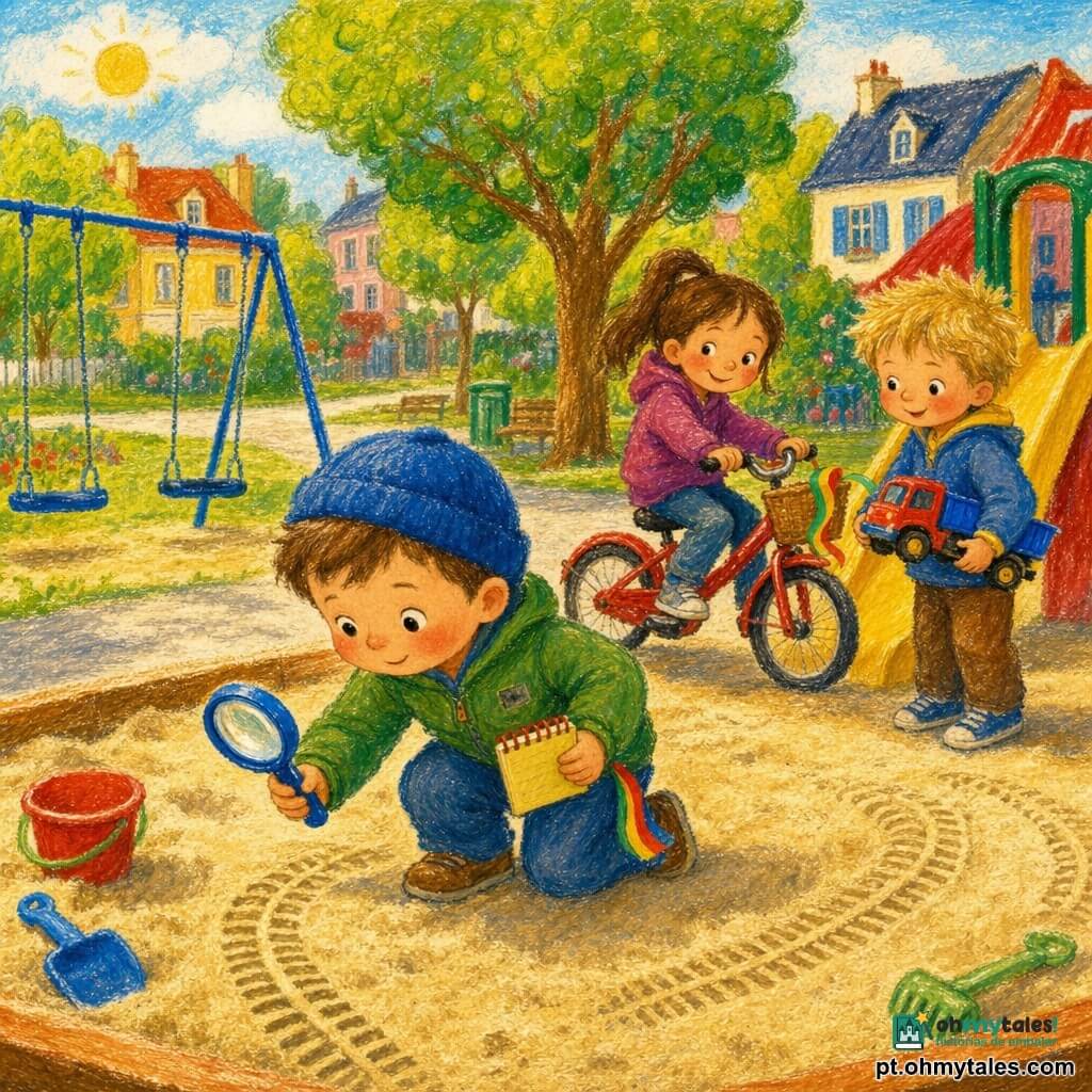 Um menino de 4 anos entusiasmado e concentrado, rosto redondo, bochechas rosadas, cabelos castanhos curtos, de gorro azul, com uma lupa de plástico numa mão e um bloquinho de brinquedo na outra, seguindo marcas de pneus na areia; atrás, a irmã Ana, 8 anos, sorridente e travessa, cabelos longos presos em rabo, sentada numa pequena bicicleta vermelha com um cesto e um laço colorido à mostra; o amigo Pedro, 5 anos, curioso, cabelos loiros bagunçados, segurando um caminhão de plástico perto de um escorrega; tudo num parque de bairro ensolarado com caixa de areia, escorrega amarelo, balanços azuis, caminho de cimento e árvores verdes; cena de pequeno-detetive com lupa em primeiro plano, laço como indício visível, ambiente suave e alegre em cores quentes e texturas tipo pastel.