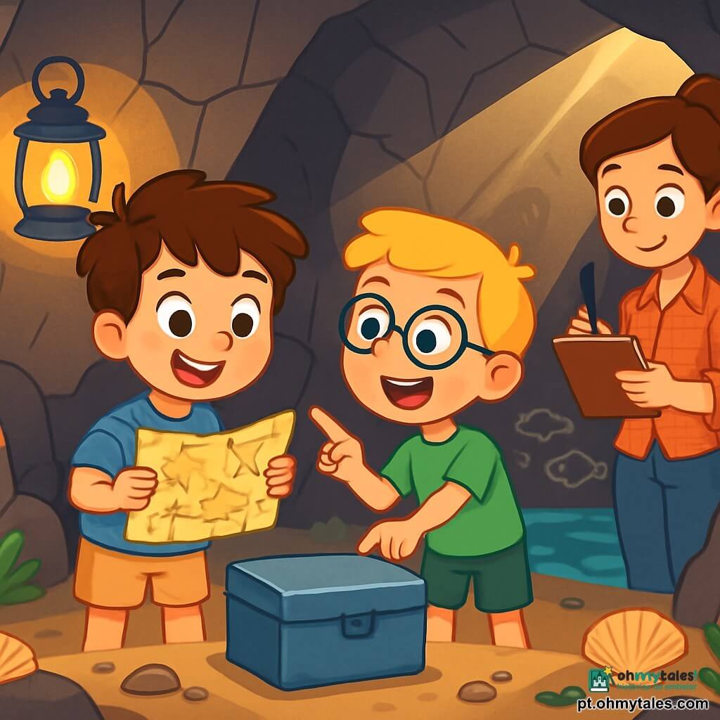 Há 3 personagens: - Tomé: um menino de 6 anos, com cabelos castanhos bagunçados, vestindo uma camisa listrada azul e um short bege. Ele está em pé, com os olhos brilhando de excitação, segurando um mapa do tesouro. - Léo: um menino de 6 anos, com cabelos loiros e óculos redondos. Ele usa uma camiseta verde e um short. Ele está ao lado de Tomé, apontando para uma flecha no mapa com um grande sorriso. - Marta: uma mulher adulta, jornalista, com cabelos castanhos presos em um coque, vestindo uma camisa xadrez e jeans. Ela está um pouco atrás, segurando um caderno e uma caneta, observando os meninos com um olhar gentil. O local é uma caverna misteriosa, com paredes de pedra rugosa e sombras dançantes criadas pela luz de uma lanterna. No centro, uma pequena piscina de água cristalina reflete desenhos antigos nas paredes, enquanto conchas e algas decoram o chão. Raios de luz filtram por fendas, iluminando o lugar com um brilho mágico. A cena principal mostra Tomé e Léo descobrindo uma caixa de metal no fundo da caverna, com expressões de surpresa e alegria em seus rostos. Eles cantam uma canção de aventura, enquanto Marta anota, capturando esse momento de descoberta e excitação.