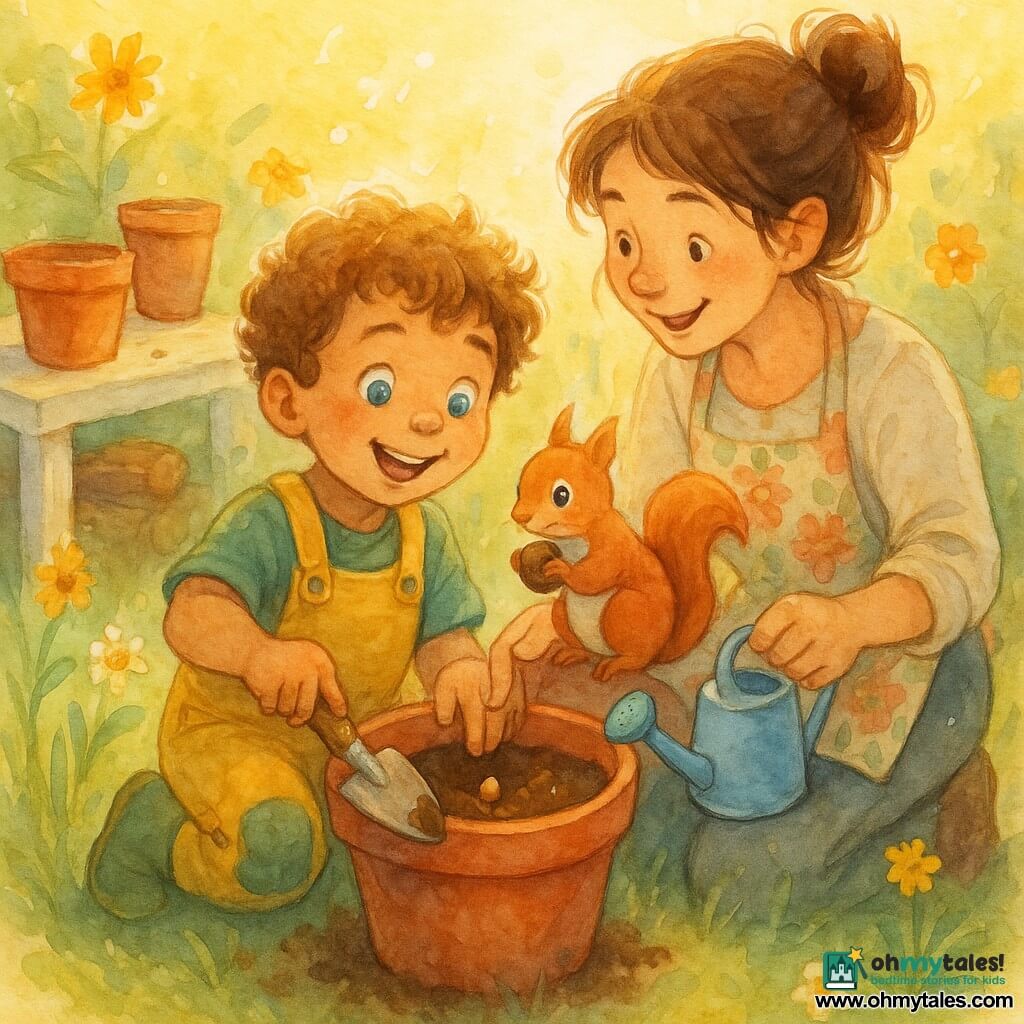 A joyful, wide-eyed 6-year-old boy with curly light brown hair and blue eyes, wearing yellow overalls with green knee patches, holds a wooden trowel and plants a seed in a red clay pot; his smiling, caring mother, about 32, with brown hair in a messy bun and a floral apron, kneels beside him, guiding his hand and holding a small blue watering can; a curious red squirrel perches on the pot rim with a hazelnut; the sunny garden corner has terracotta pots, logs, tall grasses and colorful flowers in warm golden light and soft shadows, capturing a tender parent-child moment with dirt-covered hands and shared smiles.