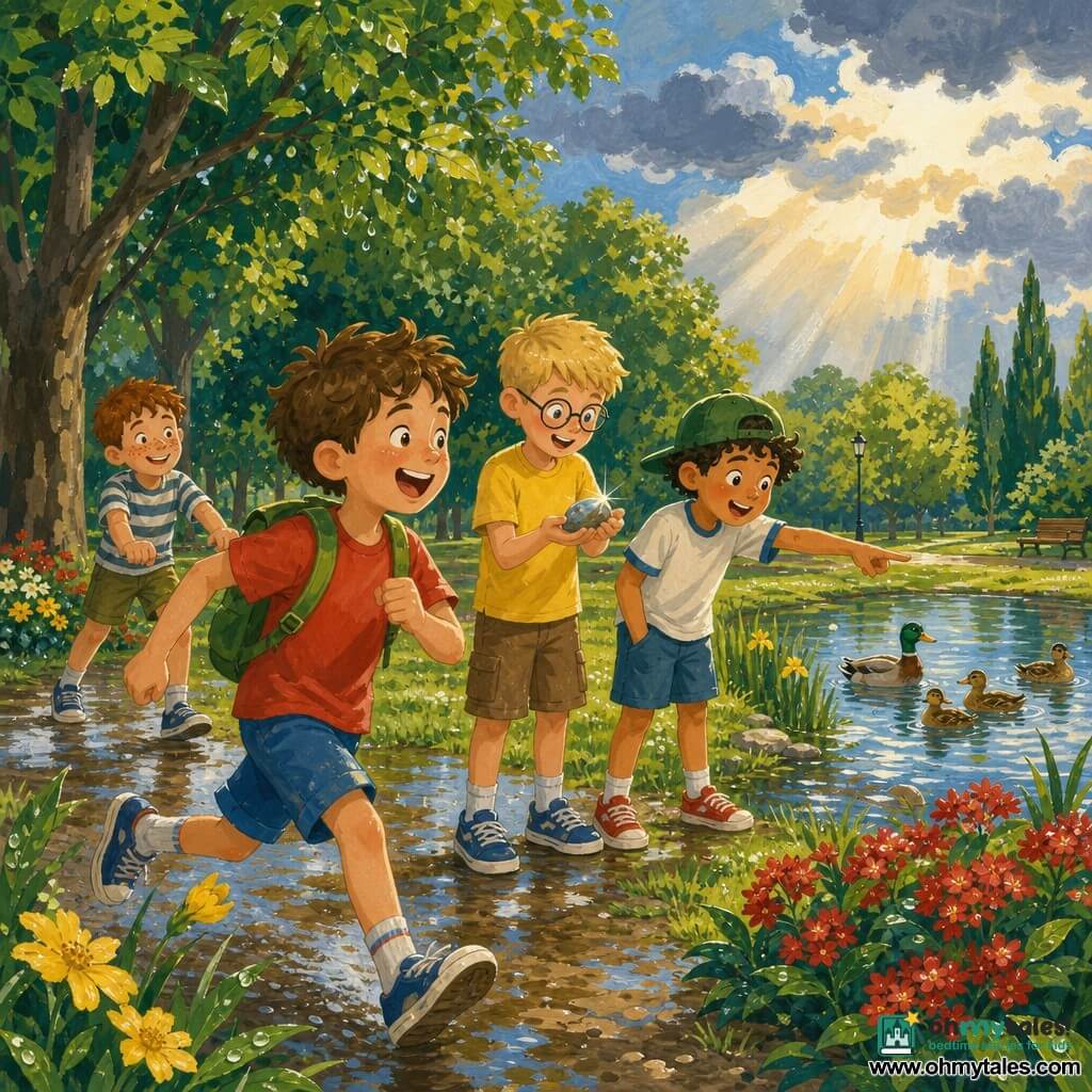 Four 10-year-old boys in a bright post‑rain park: a brown-haired boy in a red T-shirt and blue shorts laughs running right with a small green backpack (foreground left); a blond boy with short hair, round glasses and a yellow T-shirt holds a shiny stone like a treasure (center, slightly back); a tan-skinned boy with curly black hair and a green cap worn backwards points at ducks in a small pond (right of the blond boy); a chestnut-haired, freckled boy in a striped T-shirt smiles while pretending to push a wheelbarrow (background left near the trees). The scene shows wet green grass, reflective puddles, a pond with ducks, dense textured trees, yellow and red flowerbeds, and a partly cloudy sky with sunrays; joyful, dynamic atmosphere in vivid gouache-like colors with visible brushstrokes, glistening droplets on leaves, and expressions of wonder and camaraderie.
