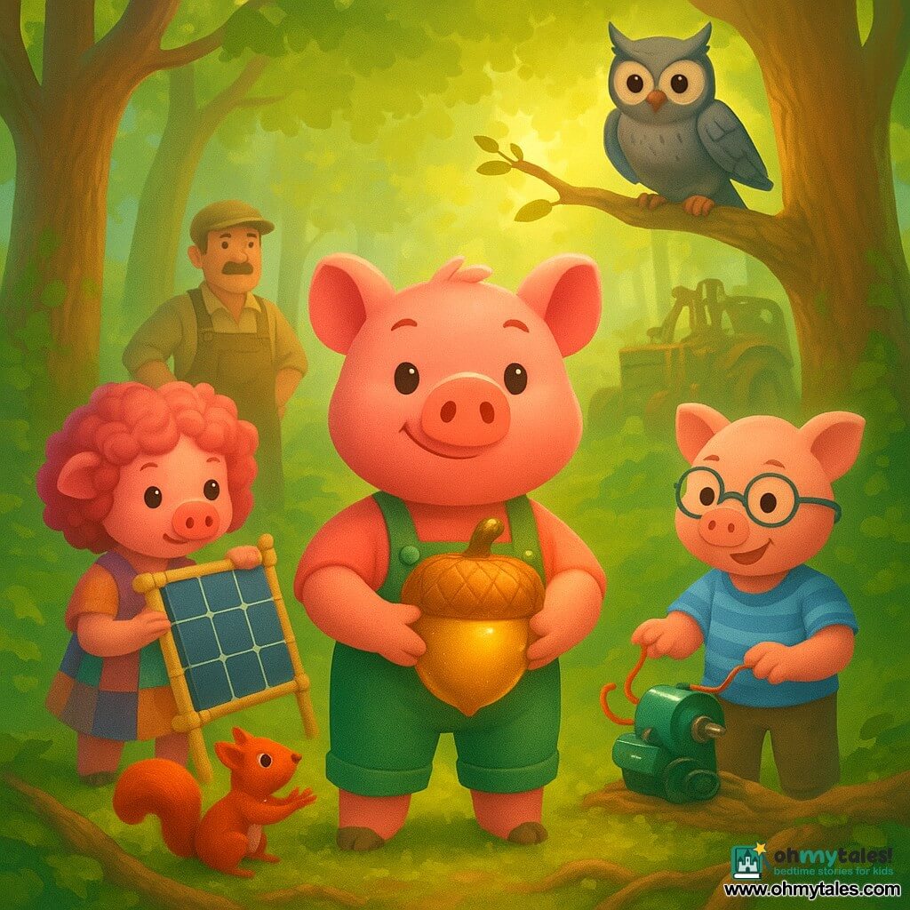 The main character, one of the Three Little Pigs (boy), stands at the center of a sunny forest clearing, proudly holding a large shiny golden acorn; he has textured pink fur and a green overall. To his left, the second pig (girl) is creative and focused with curly pink hair and a recycled patchwork dress, hand-assembling bamboo solar panels; to his right, the third pig (boy) is ingenious and cheerful with round glasses and a blue striped tee, connecting a small eco motor. Ozzy the owl (gender-neutral) perches above on a low branch, wise and benevolent with iridescent gray feathers and outstretched wings; Sammy the squirrel (male), small and mischievous with red fur, offers the golden acorn from a nearby root. Farmer Brown (around 50) stands in the background in a dirty cap and overalls, hands on hips, relieved and admiring. The clearing has green moss, exposed roots, ancient textured trunks, golden sunlight through foliage, and abandoned construction machines covered in ivy; the three pigs protect the golden acorn and repair the forest in a dynamic, hopeful scene with vivid colors, warm light, and clear textures.