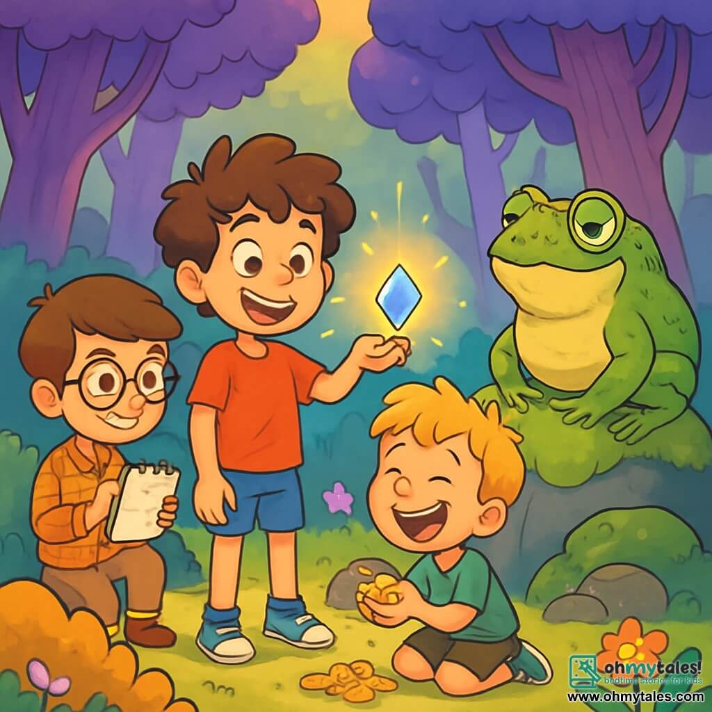 There are three characters: Oliver, a 9-year-old boy with curly, tousled hair, wearing a red t-shirt and blue shorts. He stands in the center, holding a small shiny stone in his hand, with a big smile on his face. Jasper, a 9-year-old boy with round glasses and brown hair, dressed in a plaid shirt and beige pants, is slightly behind, drawing the scene in a notebook with a pencil. Max, the smallest of the group, is a 9-year-old boy with messy blonde hair and a green t-shirt. He is kneeling, laughing and holding a small pile of shiny coins he found under a rock. The setting is the Forest of Oddities, where the trees are a bright purple and the flowers softly sing. Round, colorful bushes surround a sunny clearing, and a wise, large toad with a monocle sits on a moss-covered rock, watching the children with a mischievous smile. The main scene shows the three friends discovering the shiny stone floating before them, illuminating the clearing with bright colors, while the toad looks at them with curiosity, ready to pose a riddle.