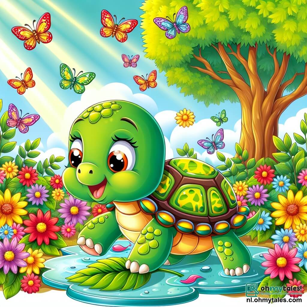 Een kleine schildpad genaamd Tilly, met een groene schaal versierd met gele patronen, beweegt vastberaden door een kleurrijke tuin. Haar heldere ogen tonen haar nieuwsgierigheid en enthousiasme. Ze heeft een lichte glimlach op haar gezicht, vol vreugde over haar avontuur. Dichtbij fladderen kleurrijke vlinders om haar heen, wat een vleugje magie aan de scène toevoegt. Ze dansen vrolijk in de lucht, wat een speelse sfeer creëert. De tuin is gevuld met stralende bloemen, rood, geel en blauw, met zonnestralen die het landschap verlichten. Achterin staat een grote majestueuze boom met groene bladeren, die schaduw en een gevoel van veiligheid biedt. De hoofdscène toont Tilly, de schildpad, die een klein pad van bladeren bouwt om een glinsterende plas water over te steken. Ze is geconcentreerd en vastberaden, klaar om dit obstakel met vindingrijkheid te overwinnen.
