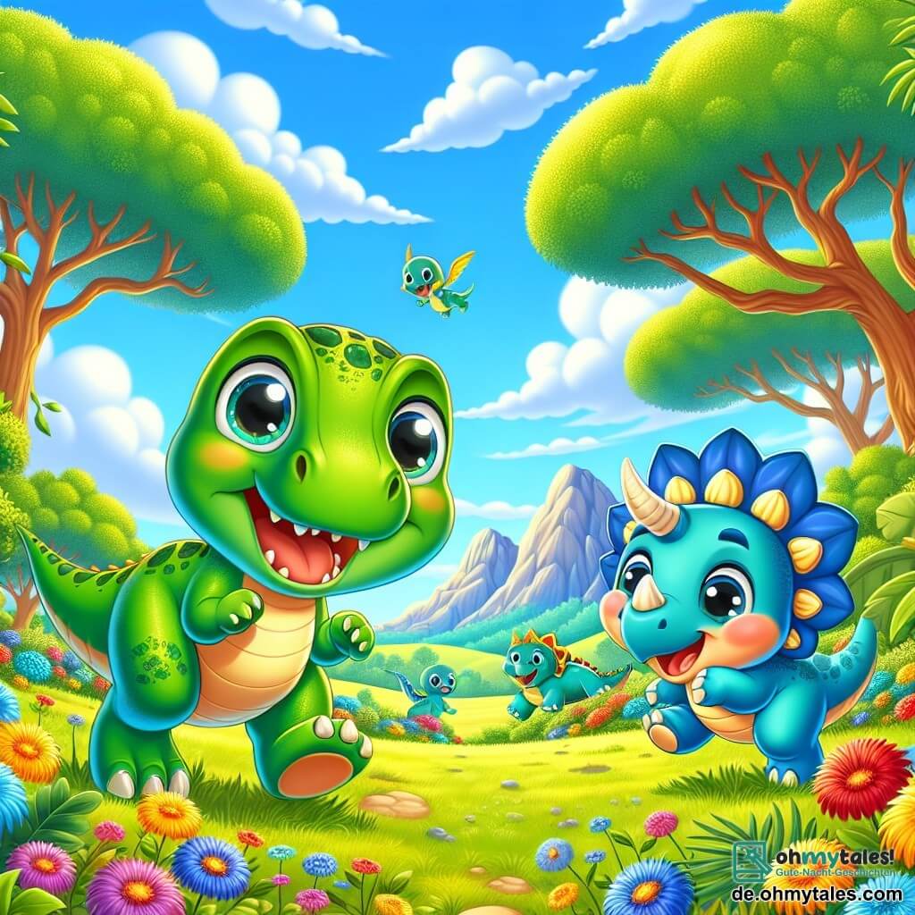 Ein Tyrannosaurus Rex namens Timmy, mit glänzend grüner Haut und großen, ausdrucksvollen Augen, steht fröhlich in einer sonnigen Lichtung und lächelt breit. Neben ihm springt Lilli, ein kleiner Triceratops mit blauen Schuppen und adorablen Hörnern, vor Freude, ihre Augen funkeln vor Glück. Die Lichtung ist von großen Bäumen mit dicken Stämmen umgeben, deren üppige grüne Blätter im Wind tanzen, und bunten Blumen, die der Umgebung einen Hauch von Magie verleihen. Im Hintergrund sind majestätische Berge unter einem strahlend blauen Himmel mit einigen fluffigen weißen Wolken zu sehen. Timmy und Lilli spielen zusammen, rennen und lachen, während Timmy Lilli einen schönen, glänzenden roten Stein zeigt, den er gefunden hat. Die Atmosphäre ist fröhlich und freundlich, erfüllt von lebhaften Farben und einem Gefühl des geteilten Glücks.