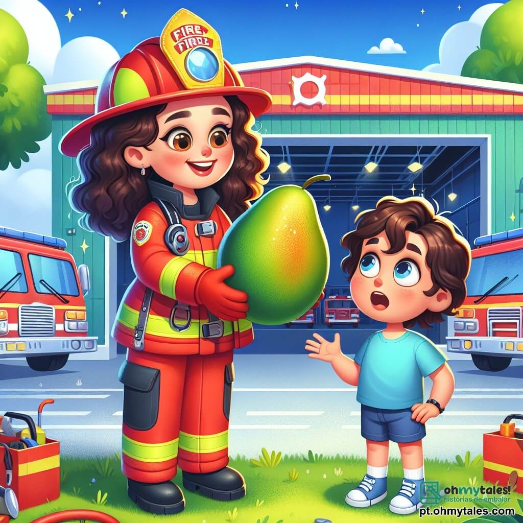Uma mulher bombeira, Valentina, está orgulhosamente no centro da cena, com um grande sorriso e cabelos cacheados, vestindo um macacão vermelho vivo e um capacete brilhante. Ela está mostrando uma grande manga para um garoto, Lucas, que tem cerca de 8 anos, com olhos arregalados e uma expressão de admiração, vestido com uma camiseta azul e um short. Lucas está ao lado dela, com as mãos na cintura, olhando com admiração para a manga. A cena acontece em frente a uma estação de bombeiros colorida, com caminhões vermelhos reluzentes e ferramentas de socorro penduradas nas paredes. Ao fundo, vêem-se árvores verdes e um céu azul claro, criando uma atmosfera alegre e acolhedora. Valentina está explicando a Lucas como usar a manga, ilustrando a importância do trabalho em equipe e da segurança. Ambos estão cercados por um clima de excitação e aprendizado, simbolizando coragem e amizade.