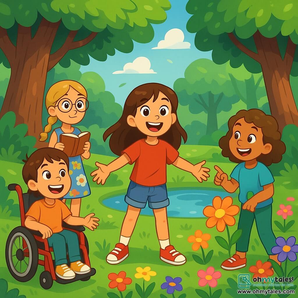 There are 4 children: Mia, a 10-year-old girl with long brown hair and sparkling eyes, wearing a red t-shirt and denim shorts, standing in the center with arms outstretched, ready to explore; Lily, a 9-year-old girl with braided blonde hair and round glasses, wearing a colorful floral dress, slightly behind, holding a sketchbook and observing her surroundings with curiosity; Emma, a 10-year-old girl with curly brown hair and a bright smile, wearing a blue t-shirt and green pants, to the right, pointing at a shiny flower; and Zoey, a 9-year-old girl with short hair and bright eyes, in a red wheelchair on the left, smiling widely and looking at the others with enthusiasm. The setting is an enchanted clearing in the heart of the Whispering Woods, surrounded by majestic trees with thick trunks and shimmering green leaves. Colorful flowers with sparkling petals cover the ground, and a small pond in the center reflects the blue sky, creating a magical atmosphere. The main scene shows the four friends discovering a hidden treasure in the clearing, filled with joy and excitement on their faces as a gentle breeze makes the leaves dance around them.
