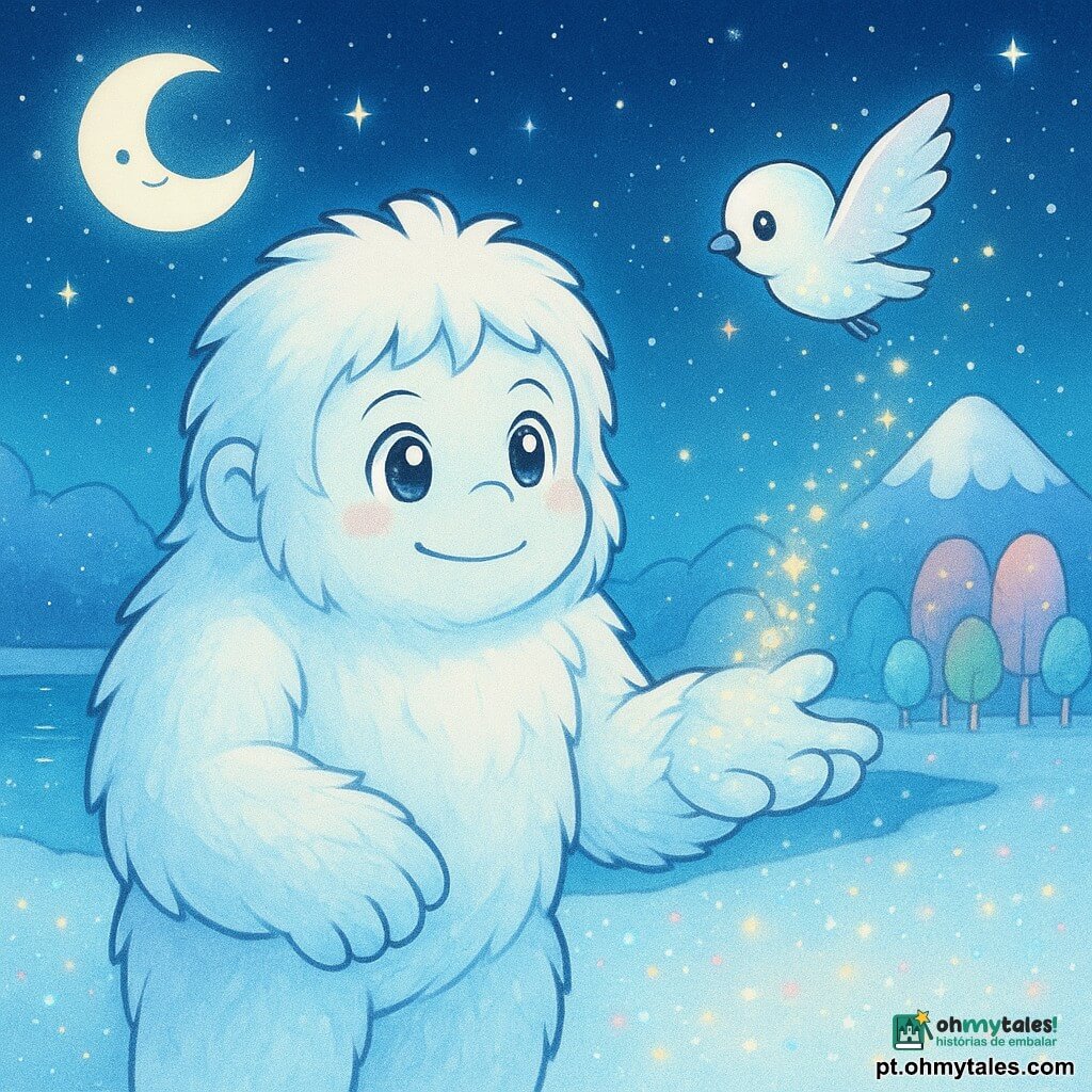 Yuri, um yéti grande e fofinho de pelo cor de nuvem com reflexos azul-pálido, está no centro com olhos redondos brilhantes e sorriso tímido, estendendo uma grande mão peluda para tocar uma trilha de purpurina luminosa; ao lado, um pequeno pássaro de neve cintilante com plumagem branca iridiscente indica o caminho deixando cair faíscas; o céu noturno profundo tem uma lua grande e sorridente e milhares de microestrelas, o chão é neve macia salpicada de pontos luminosos coloridos, à esquerda um lago espelhado reflete a lua, à direita uma floresta de árvores em forma de pirulito multicoloridas e ao longe uma montanha branca com uma porta de nuvens; atmosfera mágica, pacífica e sonhadora em tons pastéis, traços arredondados, foco próximo em Yuri e na trilha de purpurina com fundo ligeiramente desfocado para profundidade.