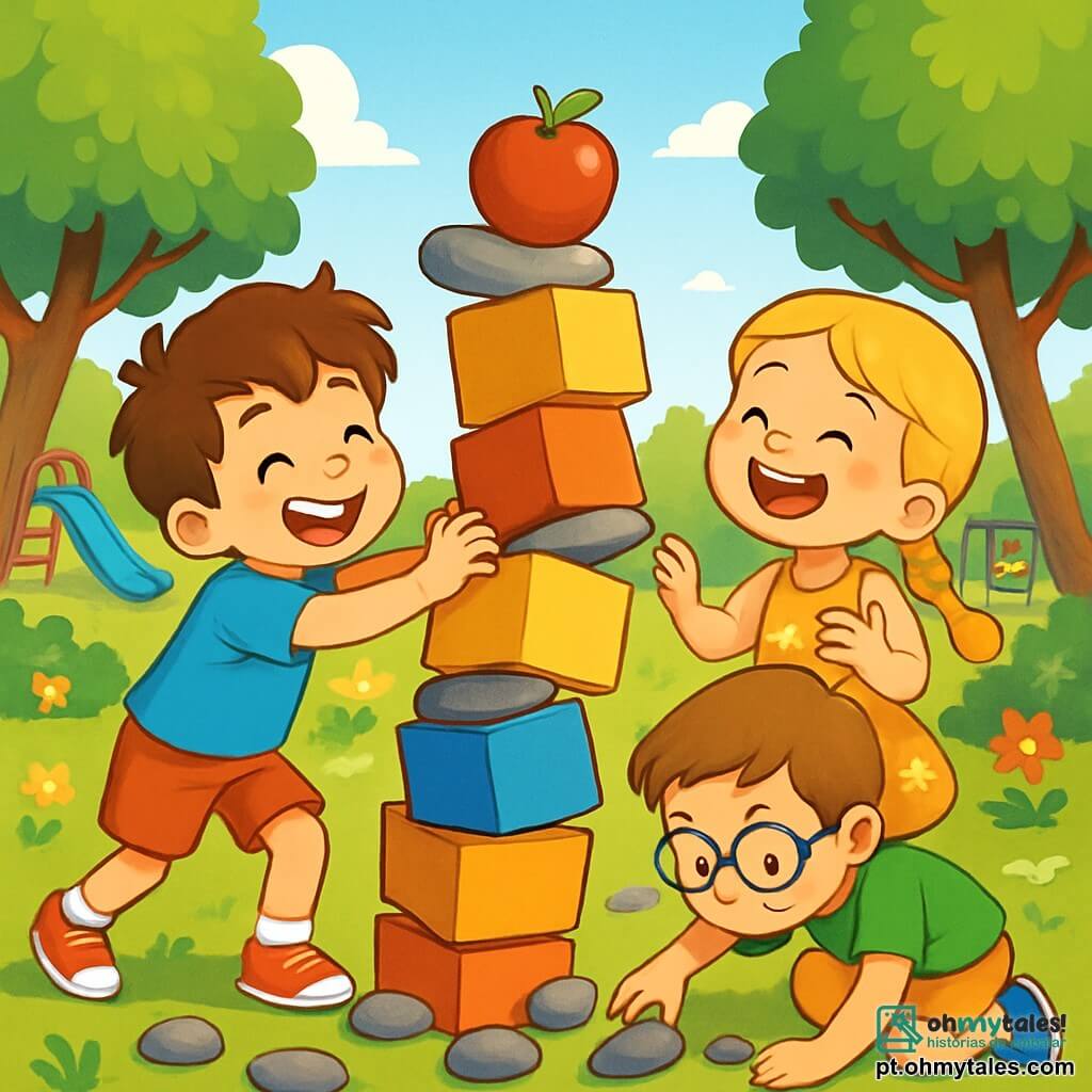 Um menino de 6 anos, com cabelos castanhos bagunçados e um grande sorriso alegre, está empurrando uma torre colorida feita de caixas de papelão e pedras. Ele usa uma camiseta azul vibrante e um short vermelho, e seus olhos brilham de excitação. Ao lado dele, uma menina de 6 anos, com cabelos loiros trançados e um vestido florido, ri alto enquanto segura uma maçã vermelha que acabou de colocar na torre. Outro menino de 6 anos, com óculos e uma camiseta verde, está procurando pedras no chão, concentrado em sua tarefa. O cenário é um parque ensolarado, cheio de árvores verdes com folhas brilhantes, flores coloridas e um gramado bem cuidado. Ao fundo, vê-se um escorregador e crianças brincando em balanços. A cena principal mostra os amigos construindo uma torre gigante, rindo e se divertindo, enquanto a torre balança levemente, prestes a desabar, criando um momento de suspense divertido.