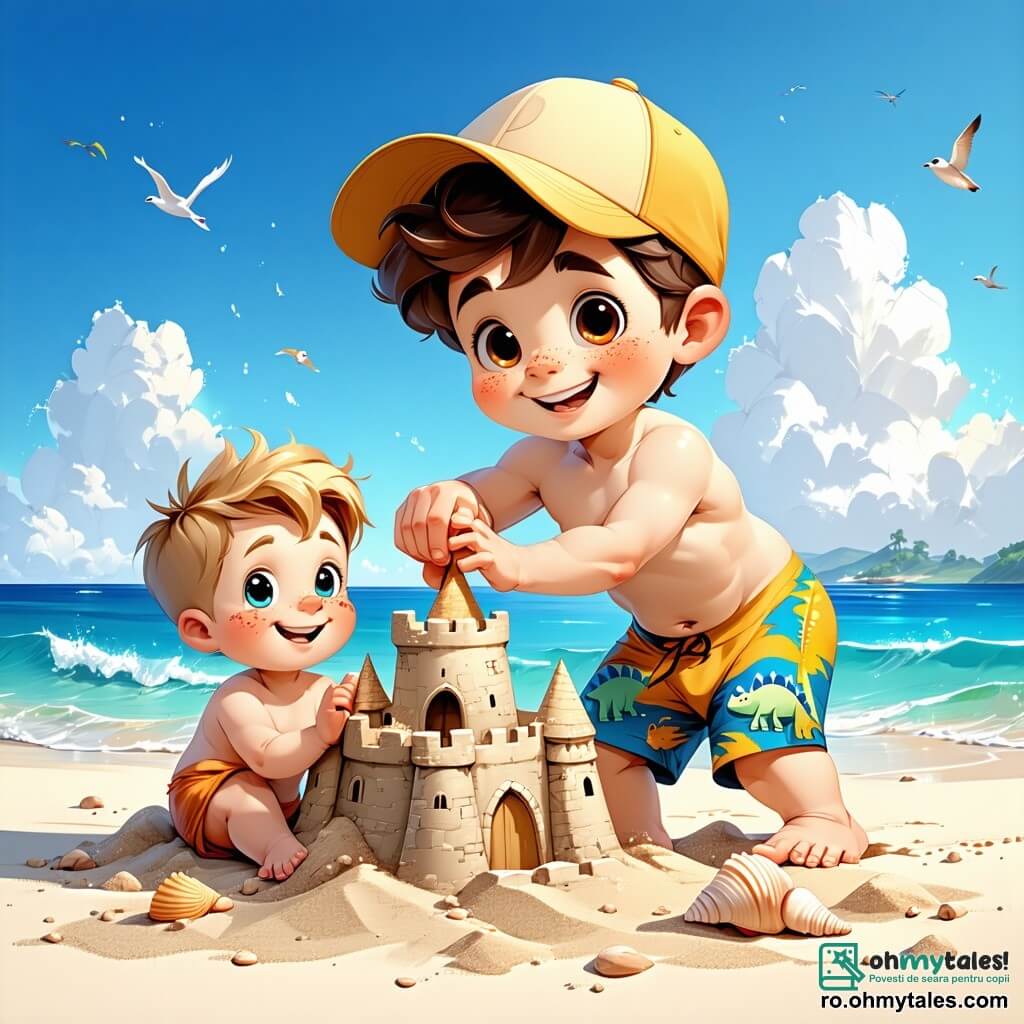 Un băiat de 10 ani, Alex, cu părul castaniu și buclat, zâmbind cu ochii strălucitori de entuziasm, construiește un castel de nisip pe plajă. Poartă un costum de baie cu motive de dinozauri și o șapcă galbenă. Lângă el, fratele său mai mic, Andrei, în vârstă de 6 ani, cu părul blond și pistrui, observă atent o mică scoică pe care o ține în mâini. În fundal, plaja este luminată de un soare strălucitor, cu valuri blânde care se sparg de țărm. Umbrele colorate și familii vesele se relaxează pe nisipul auriu. Marea strălucește sub soare, creând un peisaj idilic de vacanță. Scena îi arată pe Alex și Andrei, absorbiți în jocul lor, înconjurați de râsete și bucurie, în timp ce își imaginează aventuri fantastice în castelul de nisip.