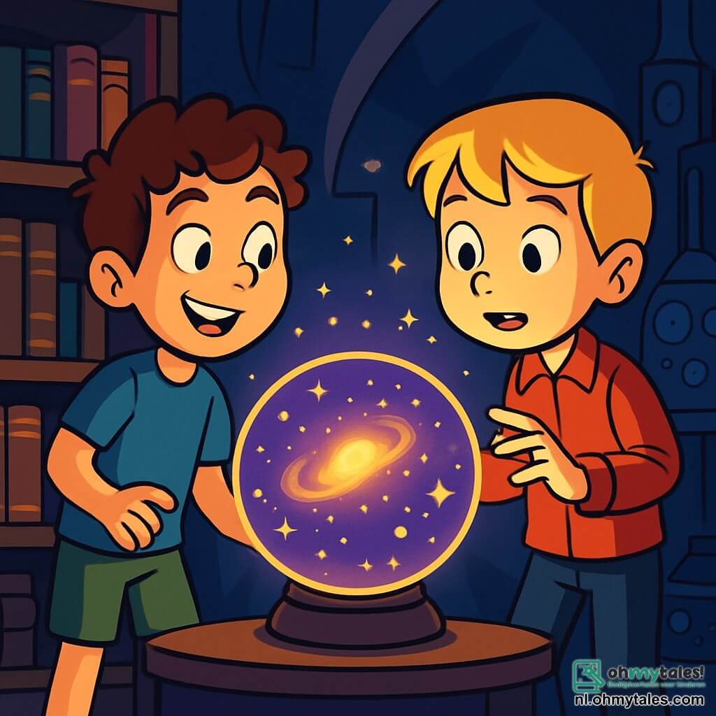 Er zijn 2 hoofdpersonages: - Tim: een 10-jarig jongen met bruin, krullend haar, gekleed in een blauwe t-shirt en een groene short. Hij heeft een ondeugende glimlach en staat links, vol verwondering naar een grote, lichtgevende bol te kijken. - Lucas: een 10-jarig jongen met blond, steil haar, gekleed in een rode shirt en zwarte broek. Hij heeft nieuwsgierige ogen en staat rechts, met zijn hand naar de bol reikend, gefascineerd door de glans ervan. De situatie speelt zich af in een donkere kamer, vol oude boeken en mysterieuze apparaten. In het midden pulst een grote, lichtgevende bol met paarse en gouden kleuren, die dansende schaduwen op de muren werpt. Houten planken zijn vol met leren gebonden boeken, en vreemde machines maken zachte, melodieuze geluiden. De hoofdactie van het verhaal toont Tim en Lucas die de magische bol ontdekken die een sterrenkaart van het universum projecteert, hun gezichten verlichtend met verwondering. Ze staan op het punt een nieuw avontuur te beginnen, omgeven door een sfeer van mysterie en magie.