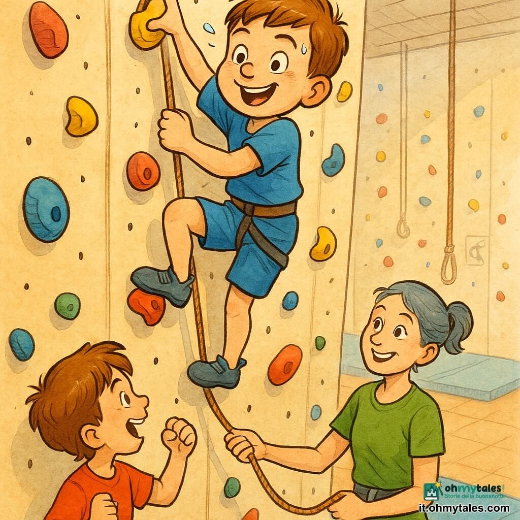 Un ragazzo di 8 anni, capelli castani corti, occhi grandi e brillanti, volto rotondo e sorridente, in tenuta sportiva blu, sta scalando il muro; è concentrato e gioioso, una mano su una presa rossa e l'altra verso una presa gialla. Una donna di circa 35 anni, capelli corti grigio-blu raccolti, in tenuta da istruttrice verde, trattiene la corda a terra facendo sicura e lo guarda con un sorriso rassicurante. Un altro ragazzo di circa 8 anni, capelli castano, maglietta rossa, è ai piedi del muro e lo incoraggia con il pugno alzato e la bocca aperta. Palestra d’arrampicata interna, muro alto con prese colorate, tappeti spessi, corde pendenti e logo discreto; luce morbida. Scena principale: il ragazzo è quasi in cima, postura dinamica, piccole gocce di sudore sulla fronte, espressione vittoriosa e sicura, gli altri lo incoraggiano sotto; composizione centrata, colori vividi e tratti nitidi.