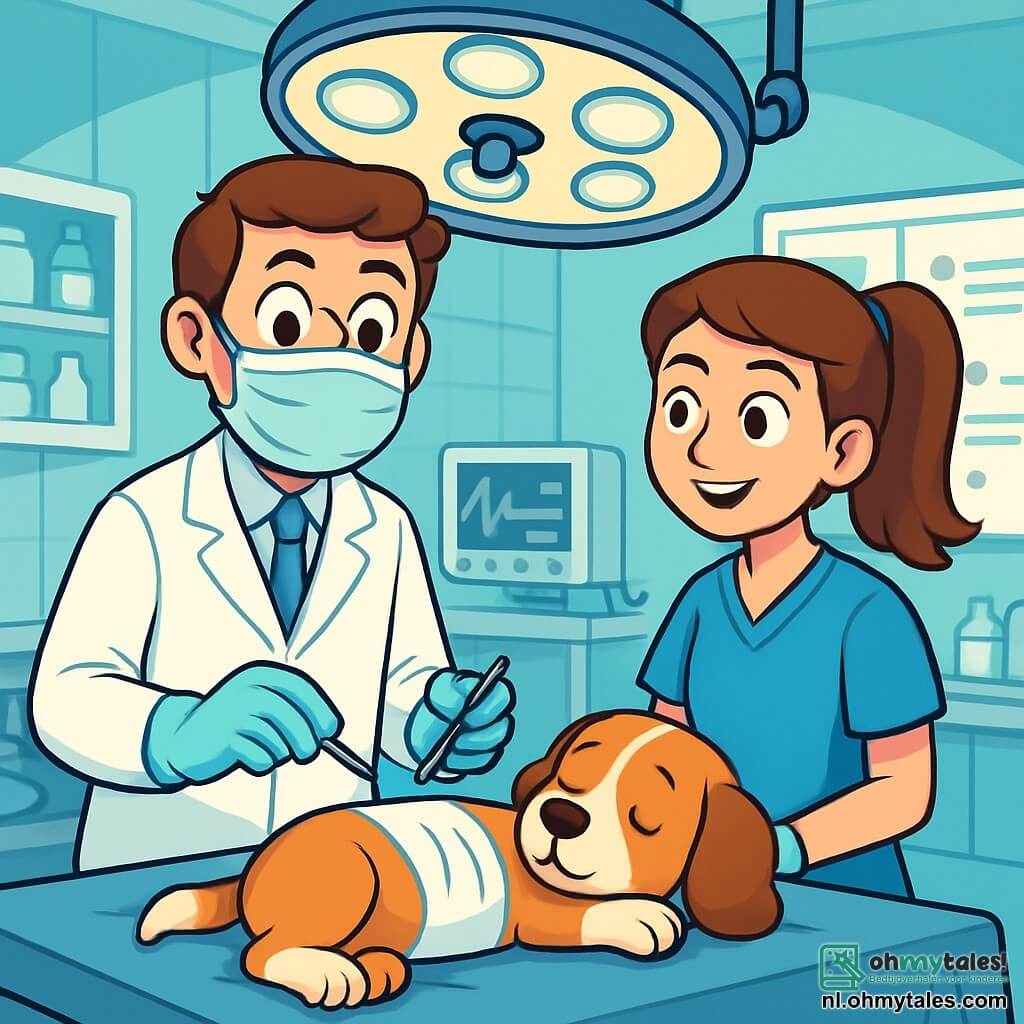 Een mannelijke dierenarts, Dr. Thomas, staat in een heldere operatiekamer met een warme glimlach en glinsterende ogen van enthousiasme. Hij draagt een onberispelijk wit schort, latex handschoenen en een chirurgisch masker, terwijl hij voorzichtig een chirurgisch instrument vasthoudt. Naast hem kijkt Lisa, een jonge vrouw van ongeveer 25 jaar, dierenartsassistente, bewonderend, met haar kastanjebruine haar in een paardenstaart en ook een blauwe schort aan. De operatiekamer is ruim en goed verlicht, met moderne apparatuur, planken vol medische benodigdheden en een groot whiteboard met aantekeningen. In het midden ligt een kleine beagle genaamd Max, slapend op de operatie tafel, met een verband om zijn buik, en lijkt vredig en veilig. Dr. Thomas en Lisa bereiden Max voor op een operatie, omringd door een sfeer van concentratie en vastberadenheid, klaar om hem weer gezond te maken.