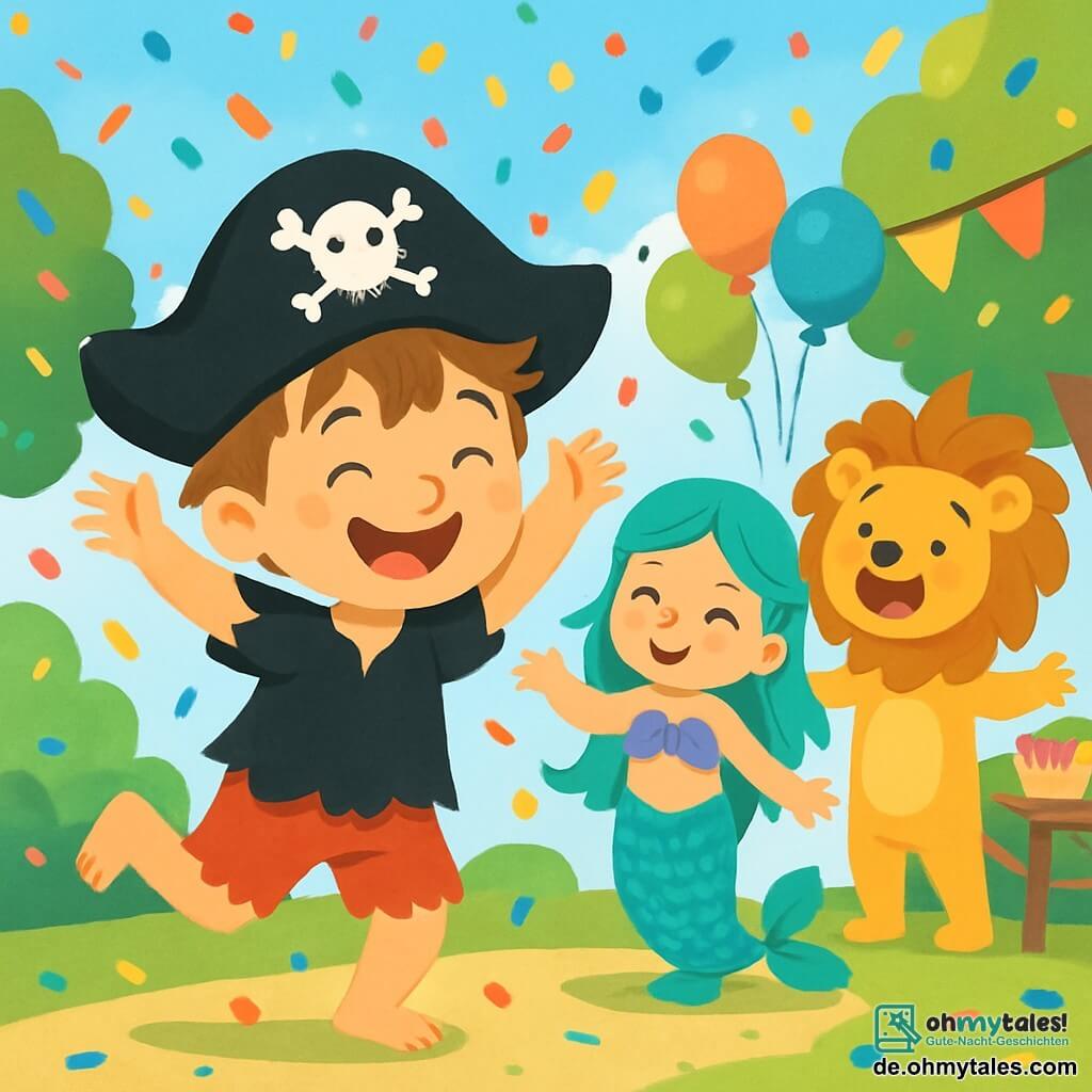 Ein 2-jähriger Junge, Max, mit zerzausten braunen Haaren und einem großen fröhlichen Lächeln, trägt ein selbstgemachtes Piratenkostüm, mit einem zerrissenen schwarzen T-Shirt und einem großen Piratenhut. Er tanzt begeistert, die Arme in die Luft gehoben, umgeben von bunten Konfetti, die vom Himmel fallen. Neben ihm steht ein 3-jähriges Mädchen, verkleidet als wunderschöne Meerjungfrau, mit langen, welligen türkisfarbenen Haaren, lächelt und tanzt, ihre schimmernden Schuppen glänzen in der Sonne. Ein 4-jähriger Junge, als Löwe verkleidet, mit einer großen goldenen Mähne, singt fröhlich, etwas im Hintergrund stehend, die Arme ausgebreitet, als lade er alle ein, sich ihm anzuschließen. Die Szene spielt in einem sonnigen Park, gefüllt mit bunten Ballons, festlichen Girlanden und Kinderlachen. Grüne Bäume umgeben den Ort, und Tische sind mit süßen Leckereien gedeckt. Max, der kleine Pirat, tanzt mit seinen Freunden, singt und lacht, während die Konfetti um sie herumfliegen und eine festliche, fröhliche Karnevalsatmosphäre schaffen.