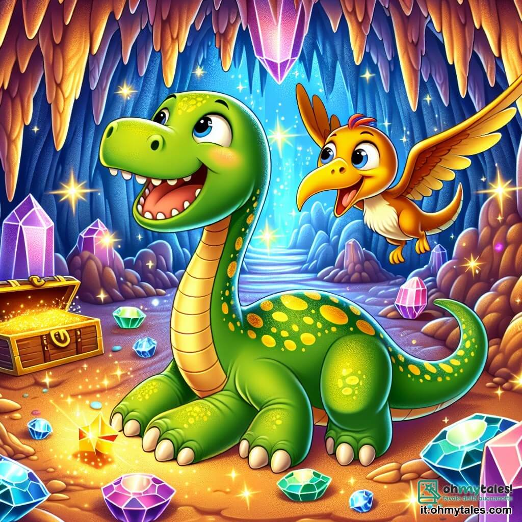 Un diplodoco di nome Dino, con un lungo collo grazioso e una pelle verde punteggiata di macchie gialle, si trova al centro dell'immagine, mostrando un grande sorriso di gioia e meraviglia. Accanto a lui, un piccolo pterodattilo di nome Ptero, con ali colorate e un becco appuntito, vola felicemente intorno a lui, mostrando il suo entusiasmo. Lo scenario è una caverna magica, piena di pietre preziose scintillanti e luci colorate che danzano sulle pareti, creando un'atmosfera incantata. Sullo sfondo, tesori brillanti sono disposti con cura, illuminando lo spazio. Dino e Ptero stanno scoprendo il tesoro nascosto della caverna, pulendo le pietre preziose e ridendo insieme, simboleggiando l'amicizia e la magia dell'avventura.
