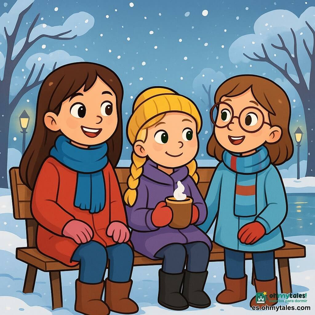 Hay 3 personajes: - Valeria: una niña de 8 años, con cabello largo castaño y ojos brillantes. Lleva un abrigo rojo, una bufanda azul y guantes rosas. Está sentada en un banco, sonriendo, mirando el lago. - Sofía: una niña de 7 años, con trenzas rubias y ojos verdes. Lleva un abrigo morado, un gorro amarillo y botas negras. Está al lado de Valeria, sosteniendo una taza de chocolate caliente. - Emma: una niña de 8 años, con cabello castaño y gafas redondas. Lleva un abrigo azul claro, una bufanda a rayas y guantes rojos. Está de pie detrás de Valeria, observando el lago con asombro. El lugar es un parque invernal mágico, con árboles desnudos cubiertos de nieve brillante. El lago está congelado, reflejando las luces doradas de las farolas que iluminan el paisaje. La nieve cruje bajo los pies de los niños, y copos de nieve caen suavemente del cielo gris. La situación principal muestra a las tres amigas sentadas juntas en el banco, compartiendo un momento cálido y alegre, rodeadas de la belleza pacífica del invierno. Las risas y sonrisas iluminan sus rostros mientras admiran los reflejos del lago, creando una atmósfera de camaradería y descubrimiento.