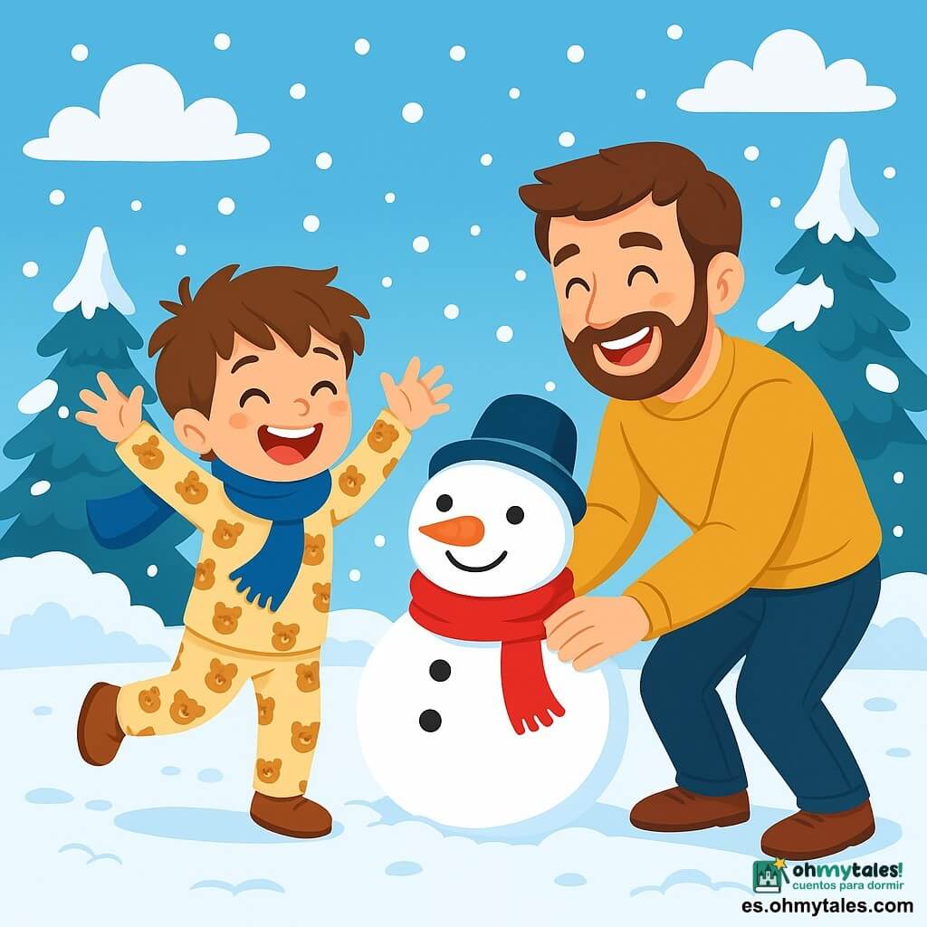 Un niño de 4 años, Lucas, con cabello castaño desordenado y una gran sonrisa alegre, lleva un pijama de pequeños ositos y una bufanda azul que ondea detrás de él. Está construyendo un muñeco de nieve, con los brazos levantados con entusiasmo, mientras caen copos de nieve a su alrededor. Junto a él, su papá, un hombre de unos treinta años con una barba suave y ojos brillantes, lo ayuda a rodar una gran bola de nieve, riendo y compartiendo un momento cómplice. El parque está cubierto con un espeso manto de nieve brillante, con árboles cuyas ramas están cargadas de nieve y un cielo azul claro salpicado de nubes blancas y esponjosas. La escena principal muestra a Lucas y su papá creando un muñeco de nieve, un momento de alegría y complicidad, rodeados de un paisaje invernal encantador, donde la magia del invierno se mezcla con el amor familiar.