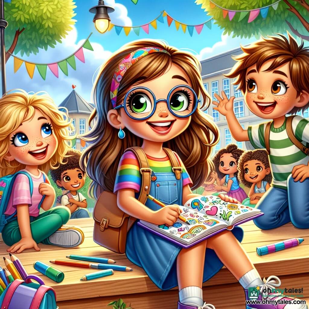 A 12-year-old girl, Eva, with long brown hair and round glasses, is sitting on wooden steps, her face lit up by a shy but radiant smile. She holds an open sketchbook filled with colorful drawings and gazes at the sky with eyes shining with excitement and apprehension. Next to her, her 10-year-old brother Ben, with messy blonde hair and a striped t-shirt, is making silly faces to make her laugh, his eyes sparkling with mischief. In the background, Maya, an 11-year-old girl with curly hair and caramel skin, watches with an encouraging smile, holding a pen and paper, ready to help. The setting is a lively schoolyard surrounded by tall trees with vibrant green leaves, with colorful decorations for the festival fluttering in the wind. The main scene shows Eva, a bit nervous but determined, taking a deep breath before sharing her creative ideas with her friends for the festival project.