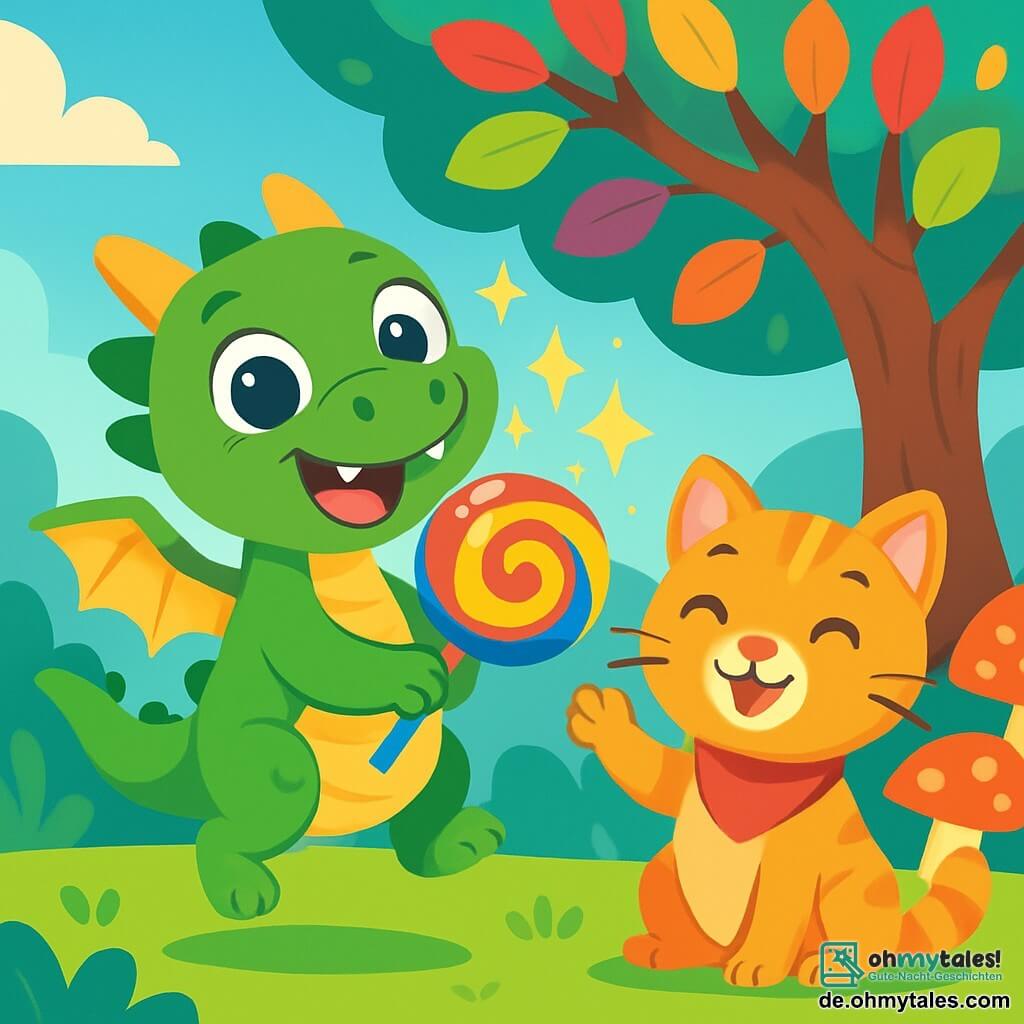 Ein kleiner grüner Drache namens Fluffi mit großen runden Augen und einem strahlenden Lächeln springt vor Freude in einer verzauberten Lichtung. Seine kleinen Flügel glänzen in der Sonne, und er hält ein riesiges bunten Bonbon in seinen Pfoten. Neben ihm lächelt eine rote Katze namens Miau mit einem hübschen roten Halstuch und hebt eine Pfote, als würde sie applaudieren. Im Hintergrund umgeben ein großer Baum mit bunten Blättern und riesige Pilze die Szene und schaffen eine magische Atmosphäre. Fluffi und Miau feiern ihren unerwarteten Schatz, ein funkelndes Bonbon, während Lichtblitze um sie tanzen und ihrer fröhlichen Abenteuer eine märchenhafte Note verleihen.