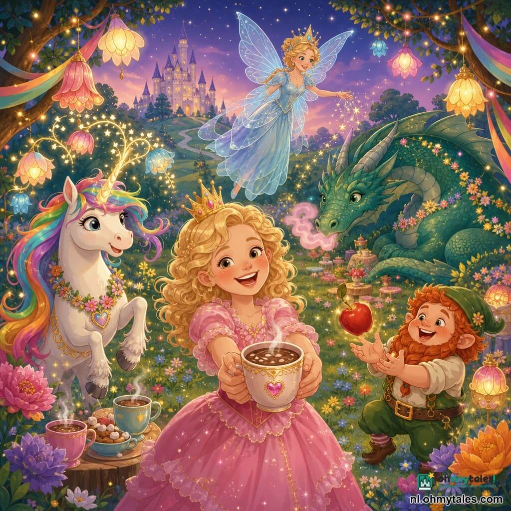 De prinses is een stralend meisje met schouderlang, krullend blond haar, een roze geplooide jurk en een gouden kroontje; ze lacht en biedt de lezer een grote dampende mok chocolademelk aan, staand in het midden van de prairie. Glim, de eenhoorn, heeft parelwit vel en een lange regenboogmanen met een fonkelende hoorn; hij staat links en laat bloemlantaarns groeien. De dwerg (jongetje) is gedrongen met rood haar en gevlochten baard, in een groene tuinbroek; hij pakt vrolijk een vliegende appel rechts van de prinses. De feeënkoningin is een slanke volwassene in een doorschijnende blauwe jurk met glinsterende vleugels; ze zweeft boven de menigte en laat lichtsterretjes vallen. De oude draak is groot en smaragdschubachtig met zachte ogen en blaast een beetje roze rook; hij krult zich op achteraan, glimlachend tussen slingers. De magische prairie is een uitgestrekt grasveld met reuzenbloemen, regenbooglinten tussen bomen, hangende bloemlantaarns en in de verte een lichtstenen kasteel; de schemerlucht toont opkomende sterren. De hoofdscène beeldt een vrolijk openluchtfeest uit: gelach, glinsterende versieringen, dampende chocolademokken, zwevende appels en dansende magische vonkjes.