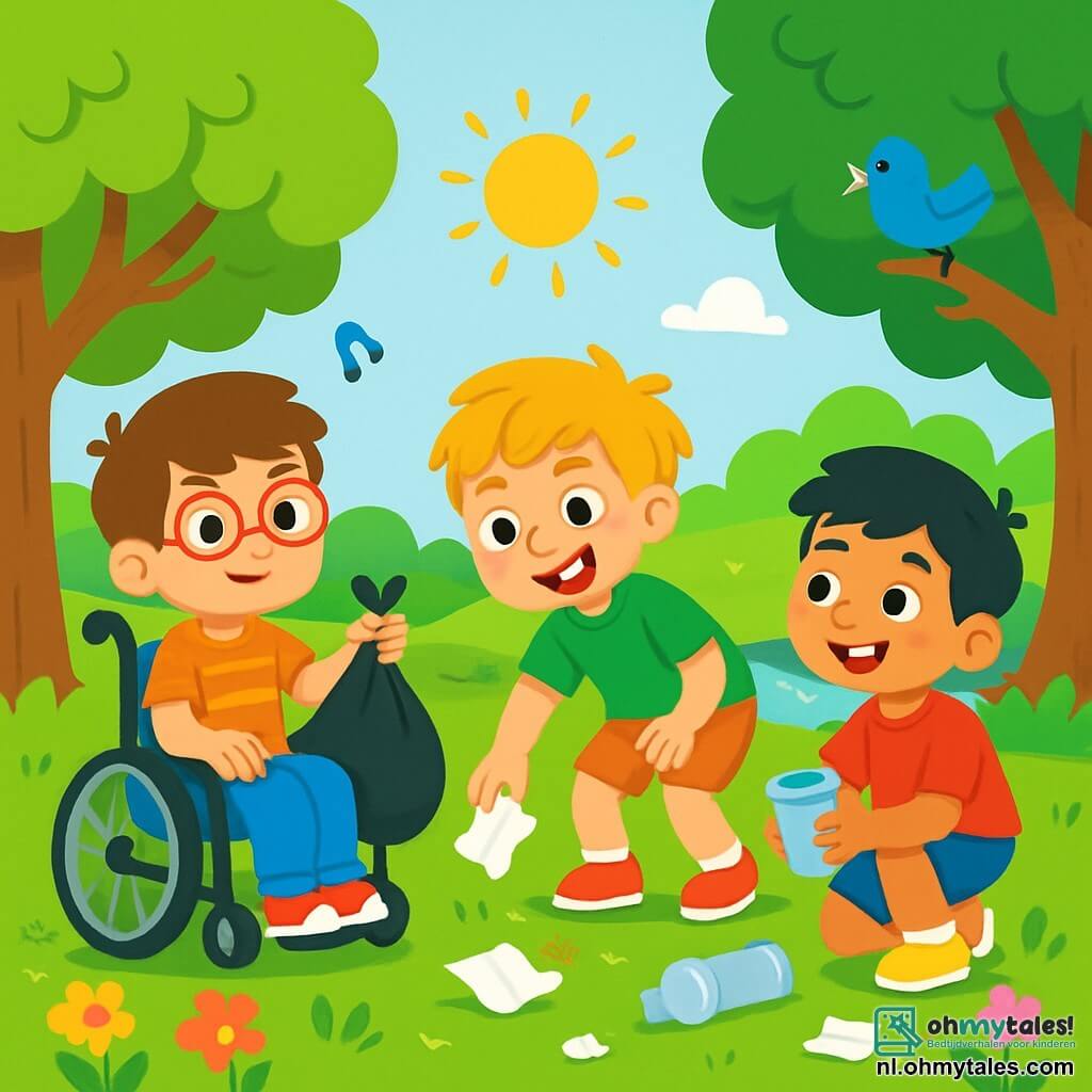 Er zijn 3 personages: - Luca: een 8-jarig jongen met bruin haar en een bril. Hij zit in een rolstoel, glimlachend en houdt een vuilniszak vast. - Sam: een 9-jarig jongen met messy blond haar en een groene t-shirt. Hij staat op en raapt enthousiast een papiertje van de grond. - Timo: een 8-jarig jongen met zwart haar en een blauwe short. Hij zit in een hurkpositie, houdt een plastic bekertje vast en kijkt met een grote glimlach naar zijn vrienden. De locatie is een groen park, vol majestueuze bomen met stralend groene bladeren. Kleurrijke bloemen bedekken de grond, terwijl vogels in de takken zingen. In de verte is er een klein meer dat onder de zon schittert. De hoofd situatie toont de drie vrienden die het park aan het schoonmaken zijn, omringd door verspreid zwerfvuil. Ze werken samen, gelukkig en gemotiveerd, om hun omgeving schoner en mooier te maken.