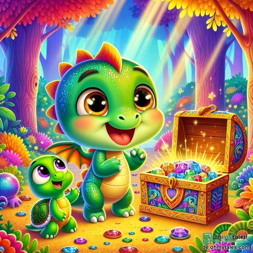 Kiki, der kleine Drache mit glänzenden grünen Schuppen und großen, neugierigen Augen, steht vor einer alten bunten Kiste, sein Herz schlägt vor Aufregung. Seine kleinen Flügel sind leicht ausgebreitet, und er lächelt begeistert. Neben ihm schaut Tilli, die kleine Schildkröte mit ihrem grün-gelben gestreiften Panzer, mit großen Augen voller Staunen auf die Kiste. Sie steht auf ihren Hinterbeinen, bereit vor Freude zu springen. Die Szene spielt in einem verzauberten Wald, umgeben von bunten Baumstämmen und leuchtenden Blumen. Sonnenstrahlen filtern durch die Blätter und erleuchten den Weg aus funkelnden Steinen zur Kiste. Kiki und Tilli entdecken gemeinsam den verborgenen Schatz, ein großes goldenes Herz und Edelsteine, die ihre Freundschaft symbolisieren. Sie sind voller Freude und Aufregung, bereit, ihre unglaubliche Entdeckung zu feiern.