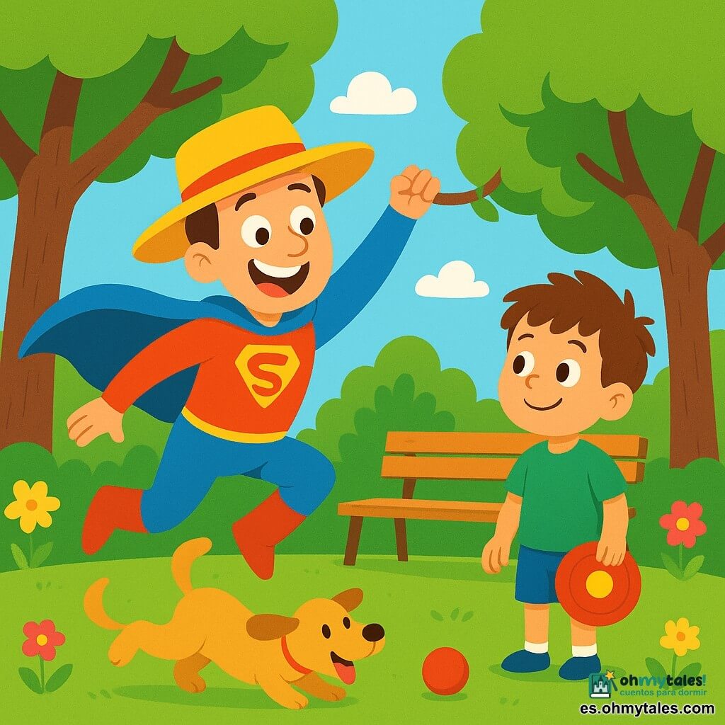 Un hombre sonriente, Super Pepo, lleva una capa azul ondeante, botas rojas brillantes y un gran sombrero amarillo. Tiene ojos chispeantes de alegría y una amplia sonrisa, mientras salta alegremente. A su lado, un niño pequeño de unos 5 años, con el cabello castaño despeinado, sostiene un frisbee y mira a Super Pepo con admiración. Lleva una camiseta verde y un pantalón corto azul. El escenario se sitúa en un parque soleado, lleno de árboles verdes, flores coloridas y un cielo azul brillante. Hay un banco de madera cercano, y un perrito de pelaje dorado juega con una pelota roja. La situación principal muestra a Super Pepo intentando recuperar la pelota del perro que rodó debajo de un banco, riendo y luchando con su capa enganchada en una rama de árbol. El niño y el perro observan la escena con expresiones divertidas.