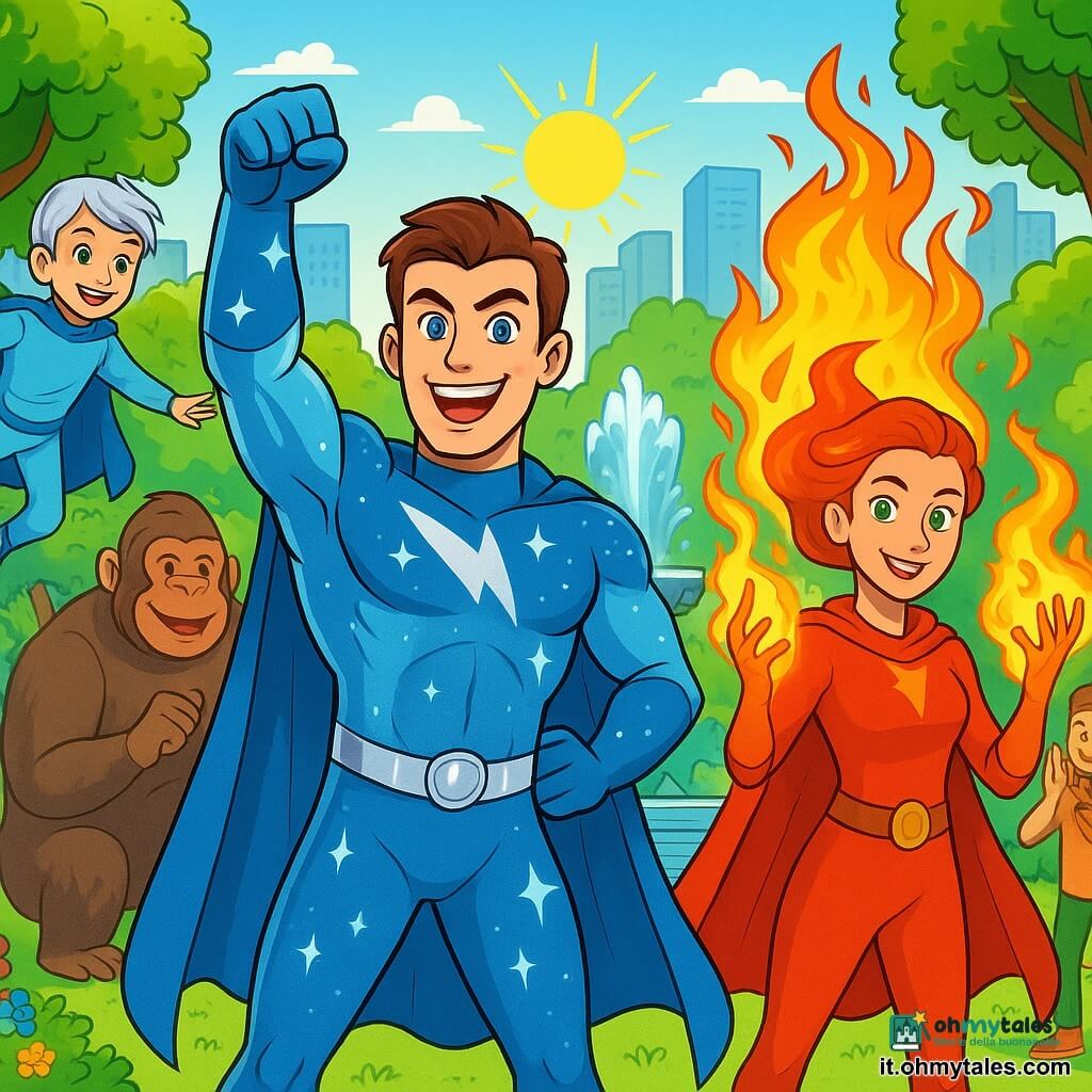 Un supereroe di nome Fulmine Azzurro, un uomo muscoloso con capelli castani e occhi azzurri, si trova al centro della scena con un ampio sorriso sicuro. Il suo costume scintillante è blu e argentato, decorato con stelle brillanti, e alza un pugno in aria, pronto ad agire con determinazione. A destra, Sentinella di Fuoco, una donna dai capelli fiammeggianti e occhi verdi, crea fiamme colorate che danzano attorno a lei, illuminando il suo viso. A sinistra, Vento d'Argento, un ragazzo di circa 12 anni con capelli argentati, fluttua leggermente in aria, sorridendo mentre manipola correnti d'aria. La scena si svolge in un parco centrale vibrante della città di Lumina, con alberi, fiori colorati e una grande fontana. Fulmine Azzurro e i suoi amici celebrano la vittoria dopo aver salvato la città da un gorilla gigante, Giga, che si diverte nel parco, circondato da cittadini meravigliati che applaudono, creando un'atmosfera festosa.