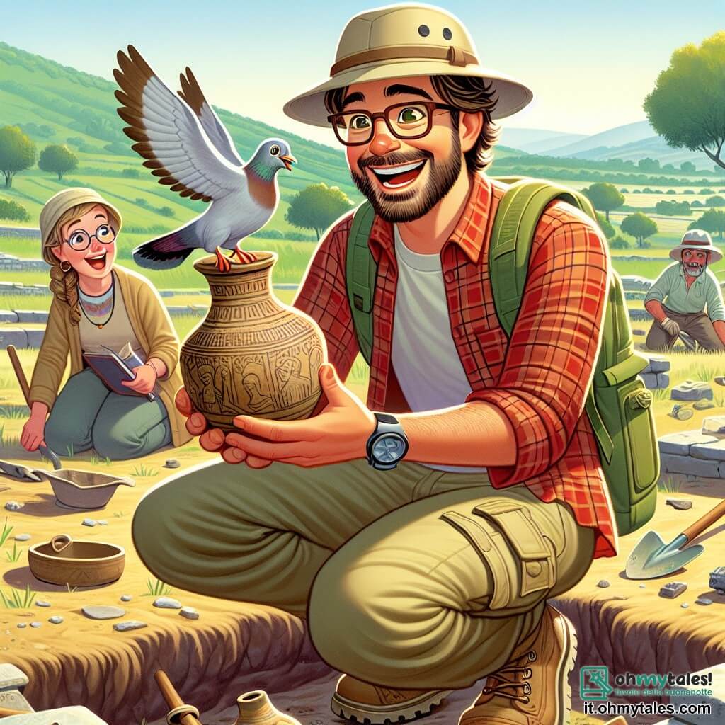 Un archeologo di nome Marco sorride con entusiasmo. Indossa un cappello beige da esploratore, una camicia a maniche lunghe a quadri rossi e pantaloni cargo. È accovacciato con un vaso di ceramica decorato tra le mani, ammirando la sua scoperta. Accanto a lui, un piccione di nome Pio, con piume grigie e bianche, cooie felice, come se incoraggiasse Marco. Sullo sfondo, altri archeologi, tra cui una donna di circa 30 anni con occhiali e una maglietta verde, scavano il terreno con pale e pennelli. La scena si svolge in un sito archeologico soleggiato, circondato da colline verdi e alberi secolari, con antiche rovine visibili in lontananza. Il suolo è disseminato di pietre e detriti, rivelando frammenti di ceramiche e strumenti antichi. Marco scopre con gioia un vaso ittita, mentre una leggera brezza scompiglia i suoi capelli e Pio lo incoraggia con entusiasmo.