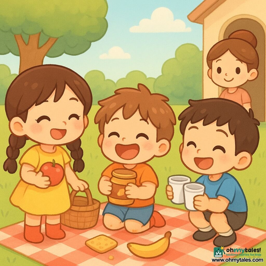 Milo, a 4-year-old boy with a round face, messy brown hair and thick red socks, clutching a small jar of peanut butter and laughing; Lila, about 9, tall with long braided hair and a yellow dress, smiling as she places apples in a basket to Milo’s left; Ben, about 7 with short hair and a blue t-shirt, crouched to Milo’s right, clinking two plastic cups; their mother, about 35 with tied-up hair, stands kindly in a doorway in the background. Setting: soft green lawn, red-and-white check blanket, open wicker basket with crackers and a banana, round-leafed trees and pale blue sky. Scene: the three children laughing around the picnic basket, Milo holding the jar to his chest, crumbs and small juice stains, warm summery light. Style: chibi kawaii with bright and pastel colors, simple rounded lines, exaggerated expressions and soft textures.