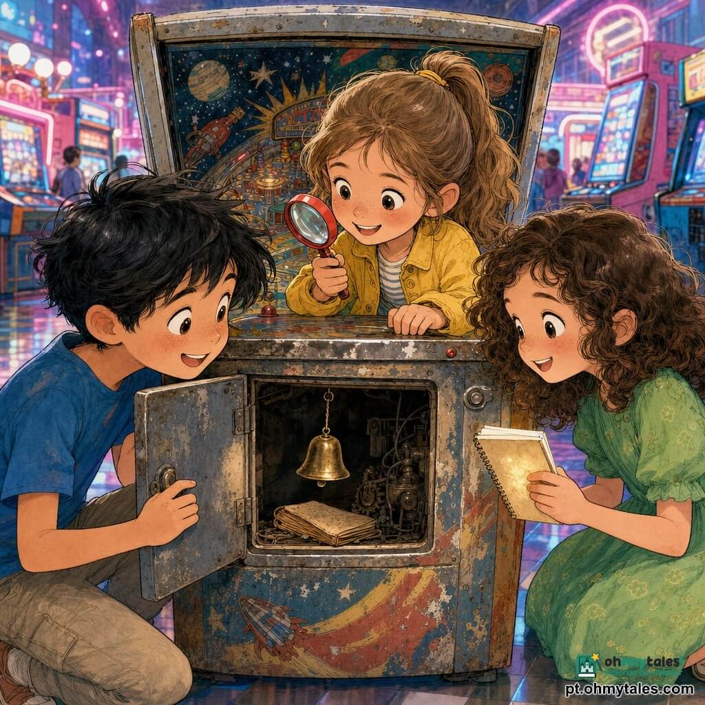 Clara, menina de 8 anos, sorridente e maravilhada, cabelos castanho-claro em coque, veste jaqueta amarela e segura uma pequena lupa vermelha perto de uma velha máquina de pinball aberta; Tomás, garoto de ~8 anos, curioso, cabelos pretos bagunçados, de camiseta azul, inclina-se à esquerda mostrando uma portinhola traseira entreaberta; Sofia, menina de ~8 anos, olhos grandes e entusiasmados, cabelos cacheados castanhos, veste vestido verde e segura um pequeno caderno luminoso à direita; a máquina antiga está empoeirada, metal patinado, adesivos escamados e uma portinhola que revela um interior escuro com um sininho de latão pendurado e um caderno velho sobre engrenagens; ao fundo, uma sala de arcade animada com luzes néon rosa e azul, máquinas piscando e chão de azulejos brilhante; a cena mostra os três reunidos, animados com o tesouro descoberto, sorrisos e gestos amistosos, composição central e luminosa; estilo: tinta colorida, traços finos, paleta pastel viva, sombras suaves e texturas realistas de metal e poeira.