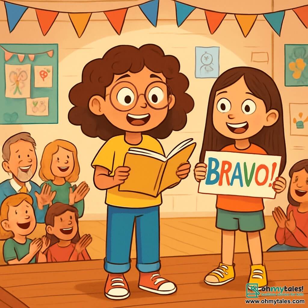 A 10-year-old girl, Ruby, stands on a wooden stage with curly brown hair and round glasses, displaying a big excited smile and a hint of nervousness. She wears a bright yellow t-shirt with a duck drawing and blue jeans. Next to her, her best friend Maya, also 10 years old with long straight hair, encourages her with sparkling proud eyes, holding a sign that says "Bravo!" in colorful letters. The setting is a lively gym filled with parents and students, with colorful banners hanging from the ceiling and wooden chairs lined up in front of the stage. The walls are decorated with children's drawings and photos from previous shows. The main scene shows Ruby in the center of the stage, holding her open notebook, reading her story enthusiastically while the audience applauds and smiles, creating a warm and joyful atmosphere.