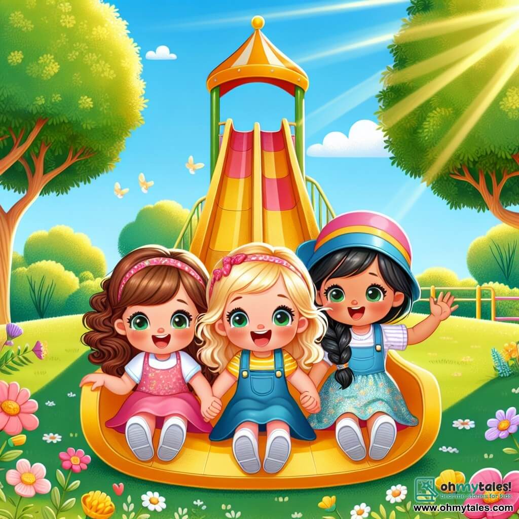 In a sunny park, three girls are gathered. Lila, an 8-year-old with curly brown hair and a pink dress, stands on the left, smiling and encouraging. To her right, Mia, a 7-year-old with blonde hair in a braid, looks at the tall slide with a mix of excitement and apprehension. Finally, Zoe, an 8-year-old with black hair and a blue cap, is in the center, raising her arms to encourage her friends. The park is lush with majestic trees and colorful flowers swaying in the wind. In the background, a large yellow and red slide stands out, attracting the attention of the playing children. The three girls are about to slide down together, sitting side by side, ready to launch into laughter and friendship, while the sun shines in a clear blue sky.