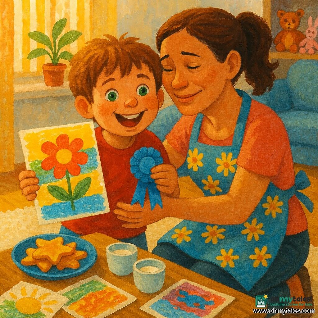 A 6-year-old boy with a round face and tousled light brown hair, bright green eyes and an enthusiastic smile holds a large colorful card and a blue ribbon, leaning forward proudly; his ~32-year-old mother, with brown hair in a ponytail, light freckled skin and wearing a blue apron with yellow daisies, crouches and hugs him with tearful, tender eyes; on a nearby table are star-shaped pancakes, two small cups of milk and scattered coloring pages; the bright living room has a light wood floor, cream rug, striped curtains letting in golden sunlight, potted plants and a shelf of stuffed animals; the scene centers on the warm, intimate moment of the boy giving his handmade card and ribbon to his mother, with warm colors, affectionate expressions and a soft joyful atmosphere.