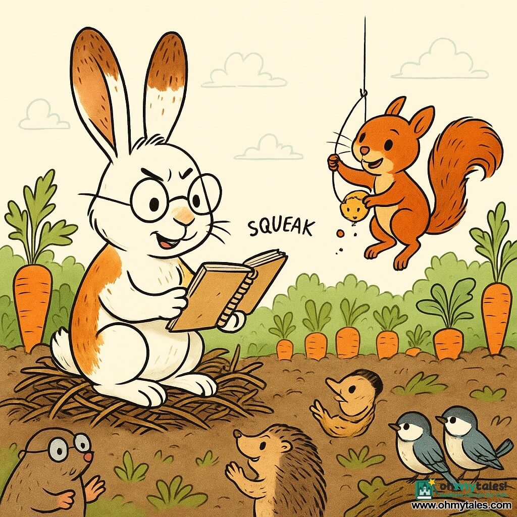 A white-and-russet rabbit with long brown-flecked ears wears small round glasses, holds a notebook, looks enthusiastic and focused with furrowed brows, and presses a small acorn cap that squeaks; he sits on a pile of stripped brambles with a front paw on a construction plan covered in sketches and measurements. A small lively red squirrel with mischievous eyes stands in a walnut-shell “cab” hanging by a translucent string, laughing and holding a slightly crumbly biscuit as crumbs fall. A curious crowd—a round mole with fogged glasses looking up, a spiky hedgehog applauding, and a pair of tits perched on a branch—faces the rabbit and squirrel. The setting is a bright, abundant carrot garden with dark soil, rows of vivid orange carrots and green tops, a light sky, mushrooms near an old mossy log. The scene depicts an “invisible elevator” in action with elevation cues (the suspended squirrel, air lines, falling crumbs), a translucent string and subtly floating elements suggesting the unseen, joyful chaotic atmosphere, crisp lines and textured detail for fur, wood, and earth.