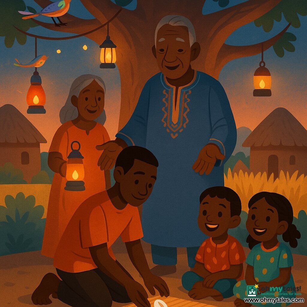 Saliou, a young man with a smooth, dark ebony face, kneels to place a small shiny white cowrie on a reed mat while the elderly Bandiara chief (about 60), wrinkled dark skin and embroidered tunic, stands behind him with open hands and a benevolent gaze; to the chief’s left, a smiling middle‑aged woman with braided gray hair holds an oil lamp, two children (a boy of 8 and a girl of 7) sit in the foreground in bright cloths watching with wide eyes, and a multicolored bird perches on a low baobab branch above; the scene is a simple, solemn village ceremony under a large baobab in a clearing with hanging oil lamps and lanterns, earthen huts and thatched roofs in the background, golden millet fields beyond and a blue‑amber twilight sky, warm colors and strong contrasts suited to a children’s illustration.